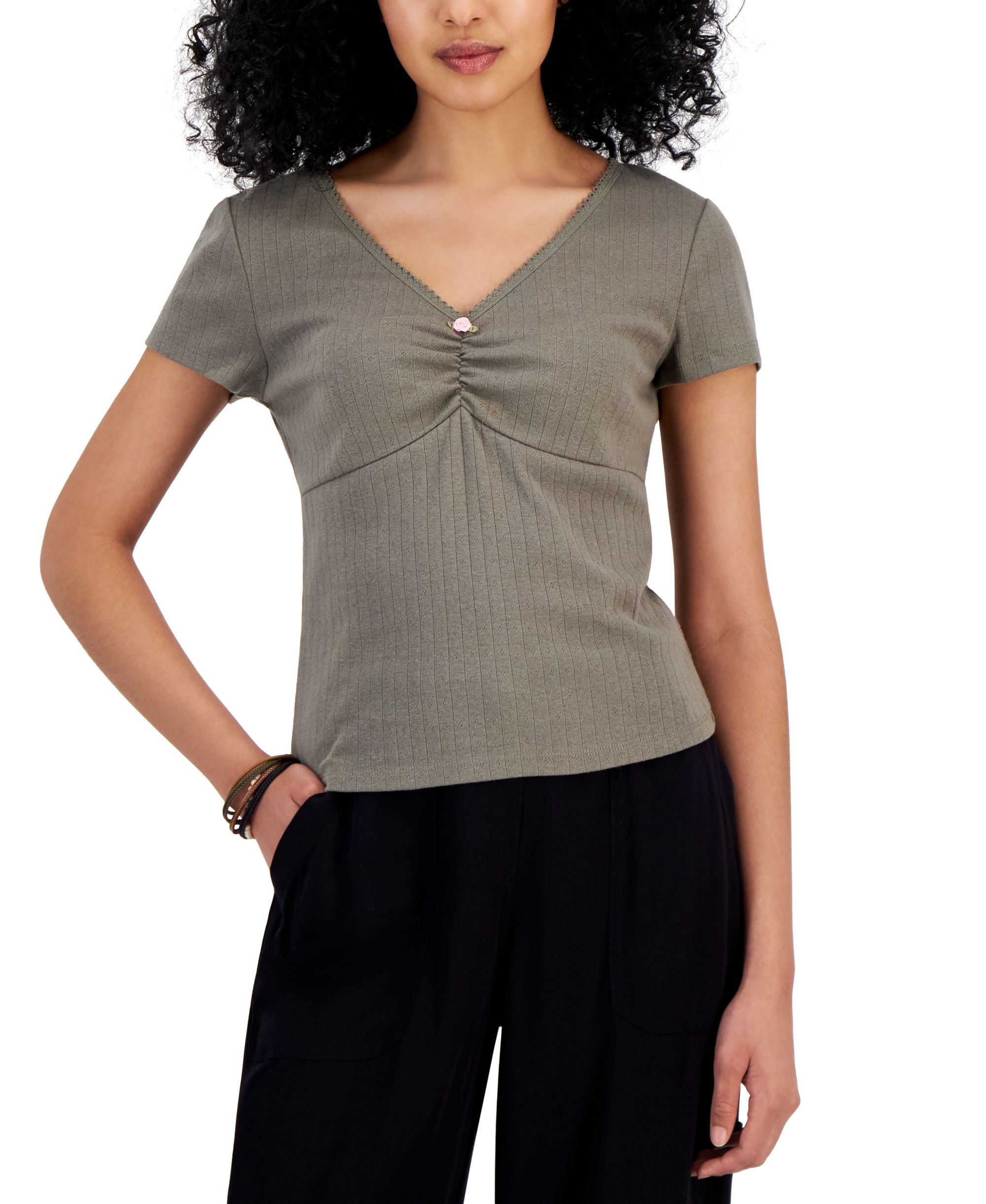 Juniors' Ruched V-Neck T-Modern Shirt