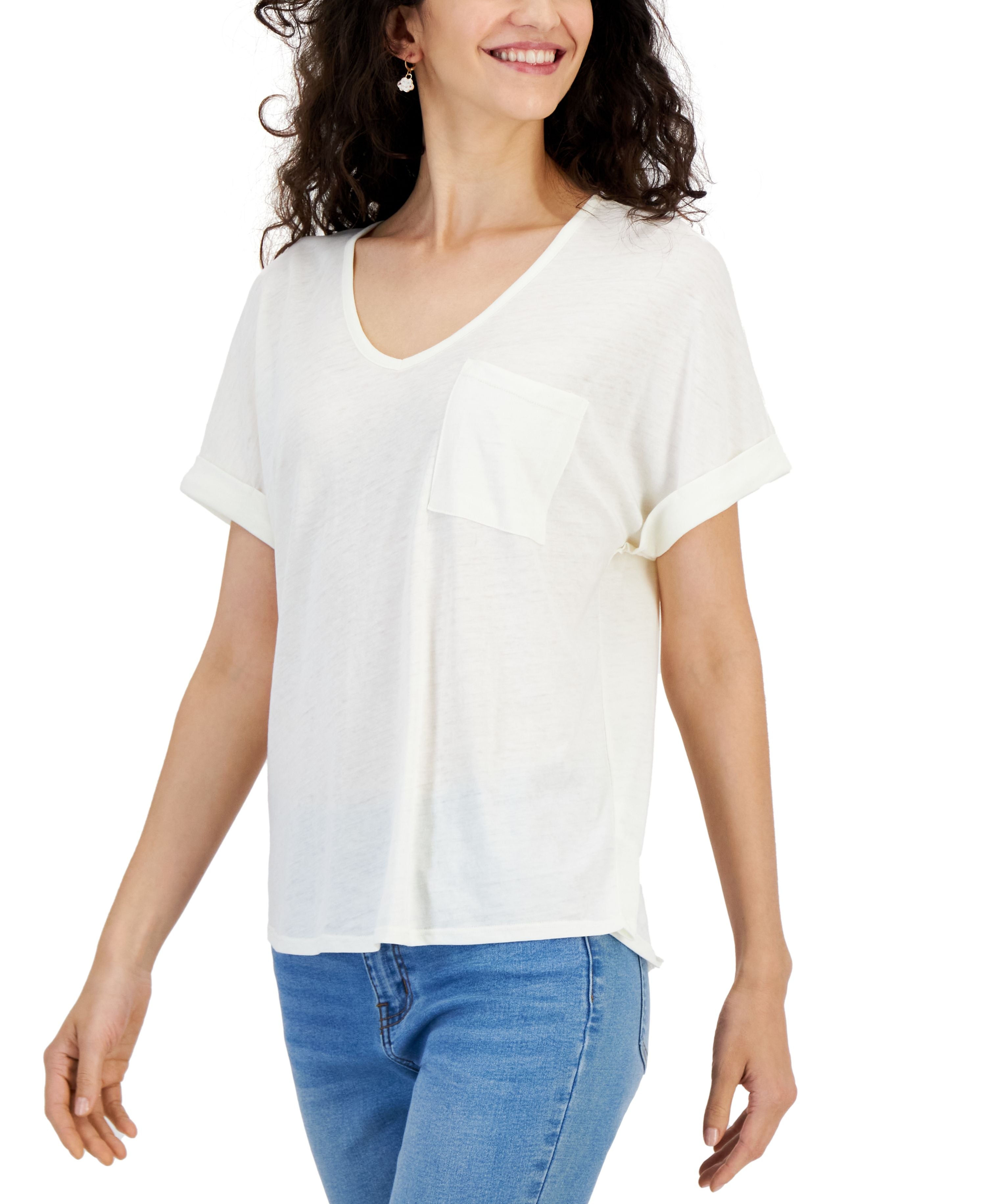 Juniors' V-Neck Pocket Short-Sleeve T-Modern Shirt