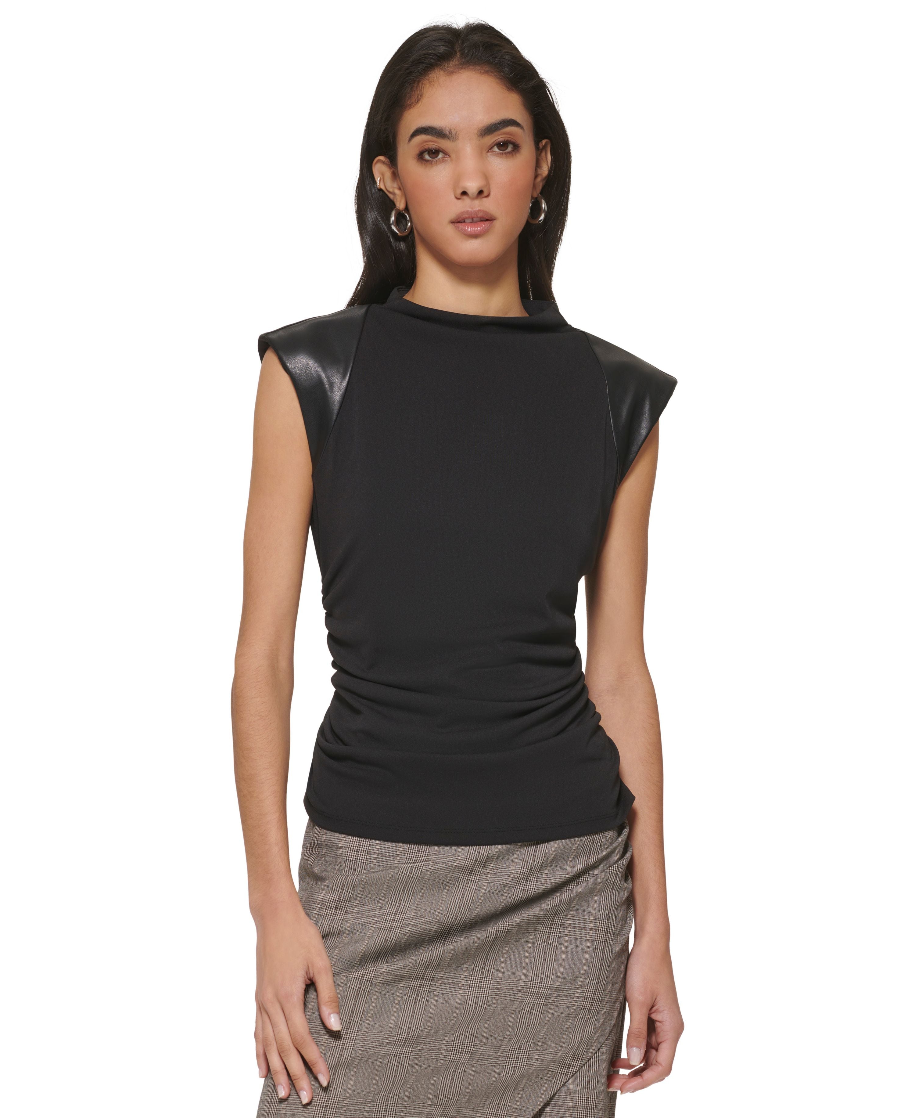 Women's Faux-Leather-Trim Ruched Premium Top