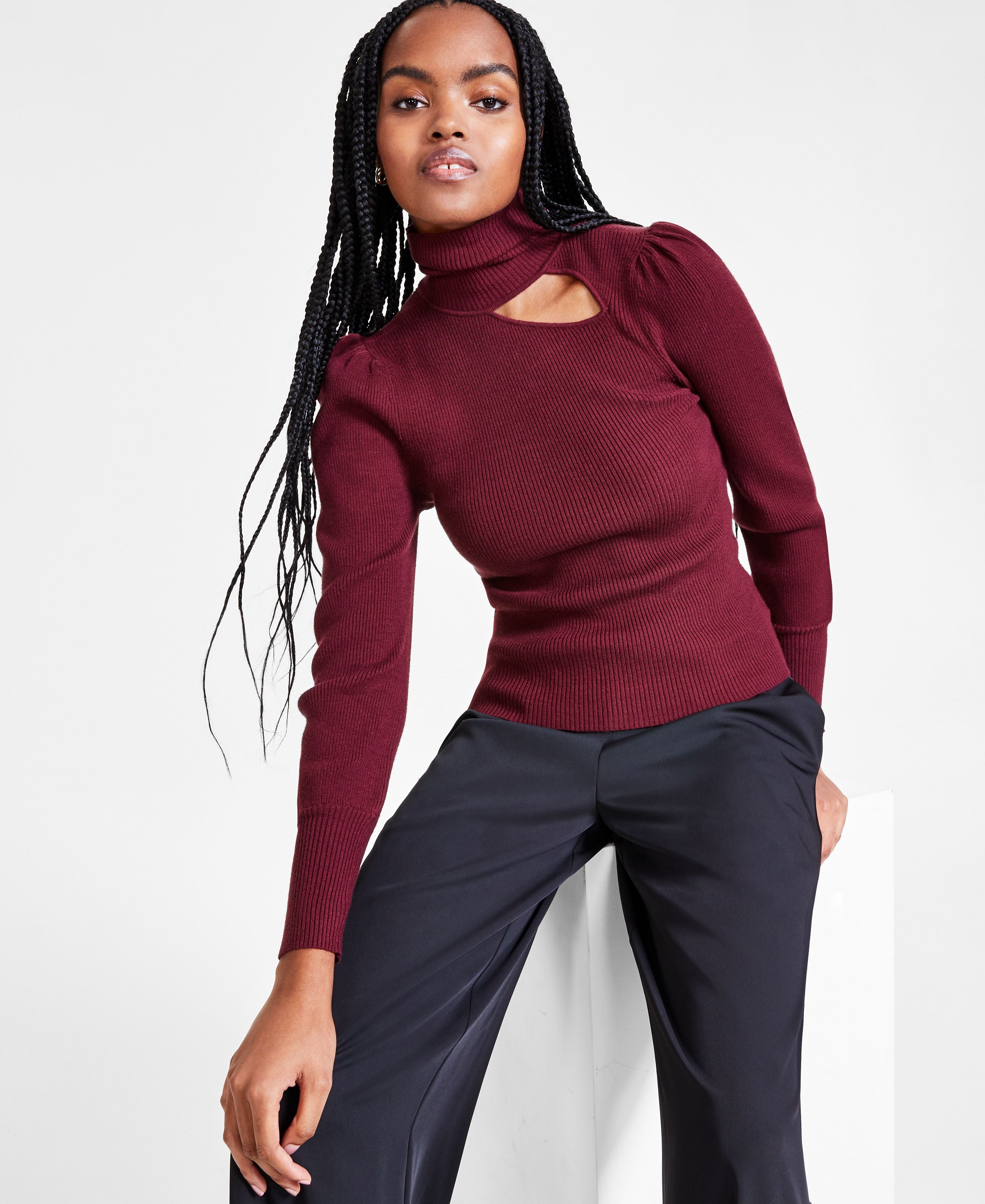 Women's Turtleneck Cutout Ribbed Sweater
