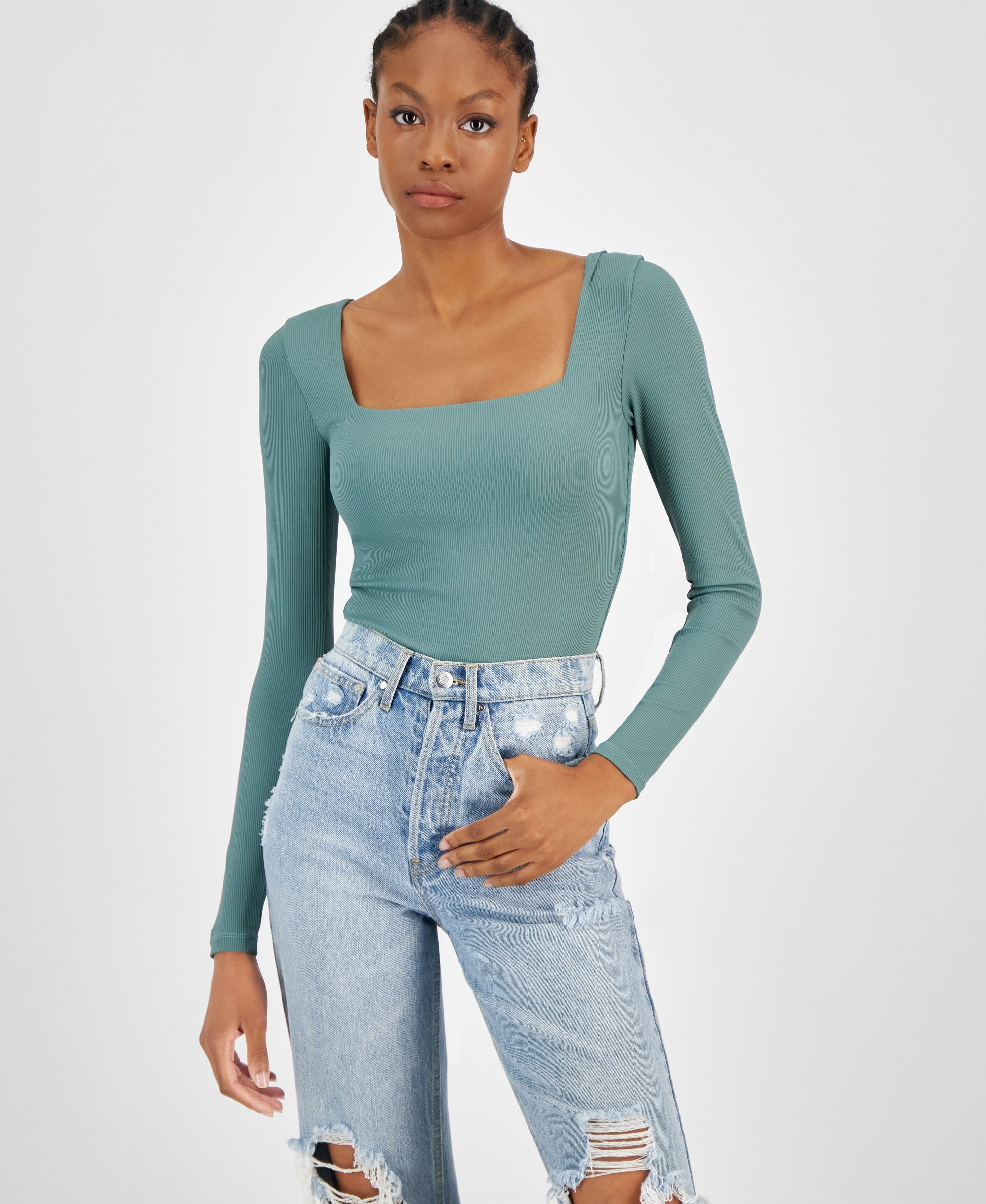 Women's Square Neck Double Layered Ribbed Bodysuit Meadowland M