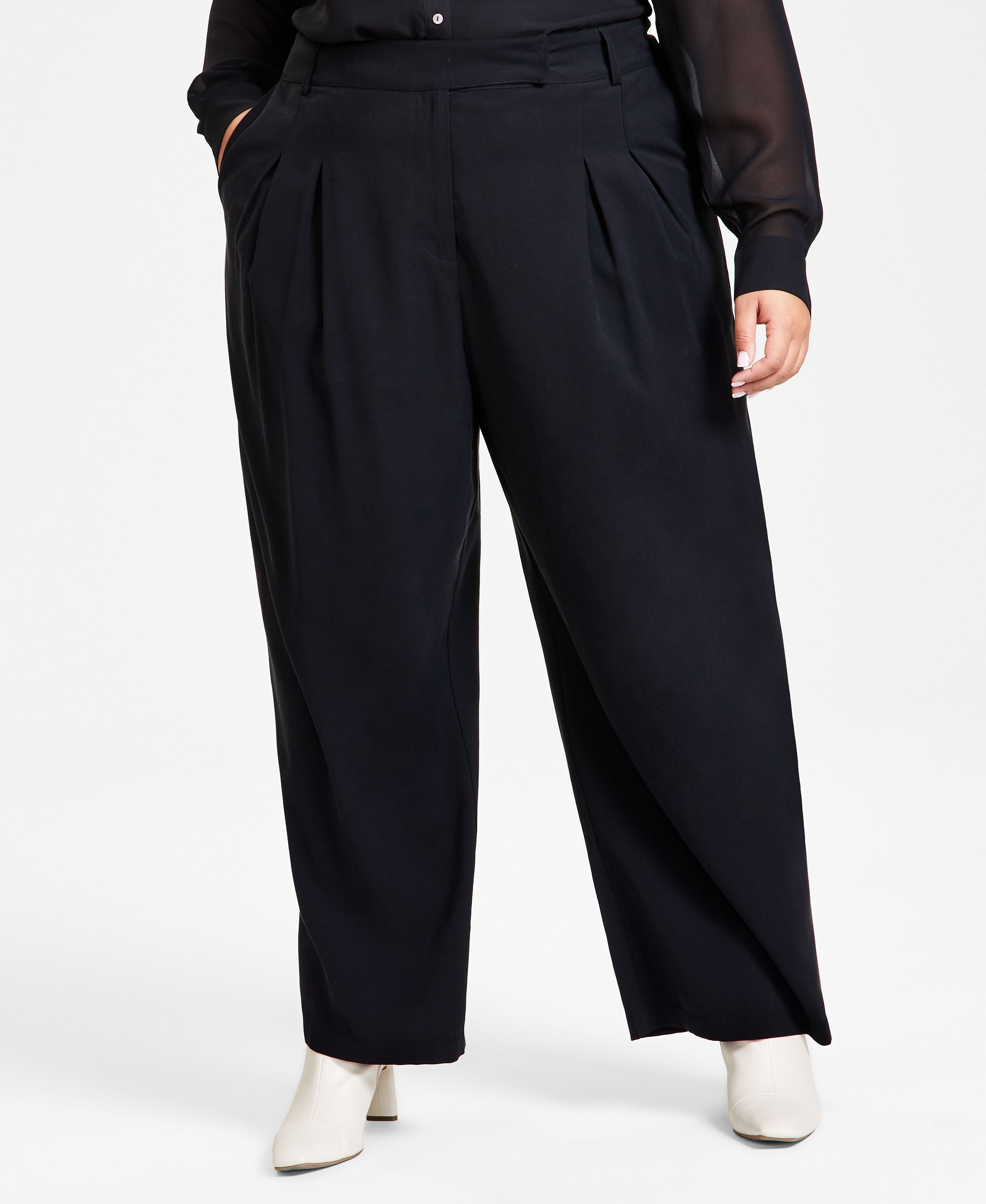 Plus Size High-Rise Pleat-Front Wide-Leg Signature Pants