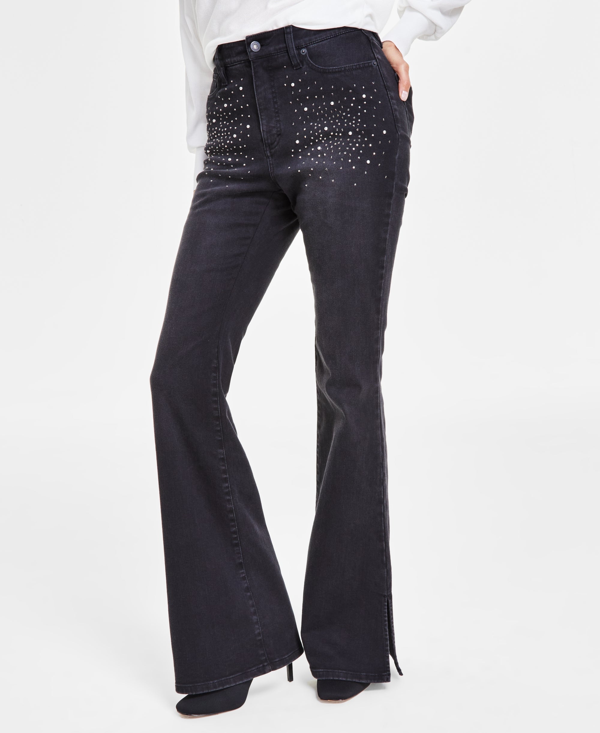 Women's Double V-Neck Sweater & High-Rise Rhinestone-Studded Flare Premium Jeans