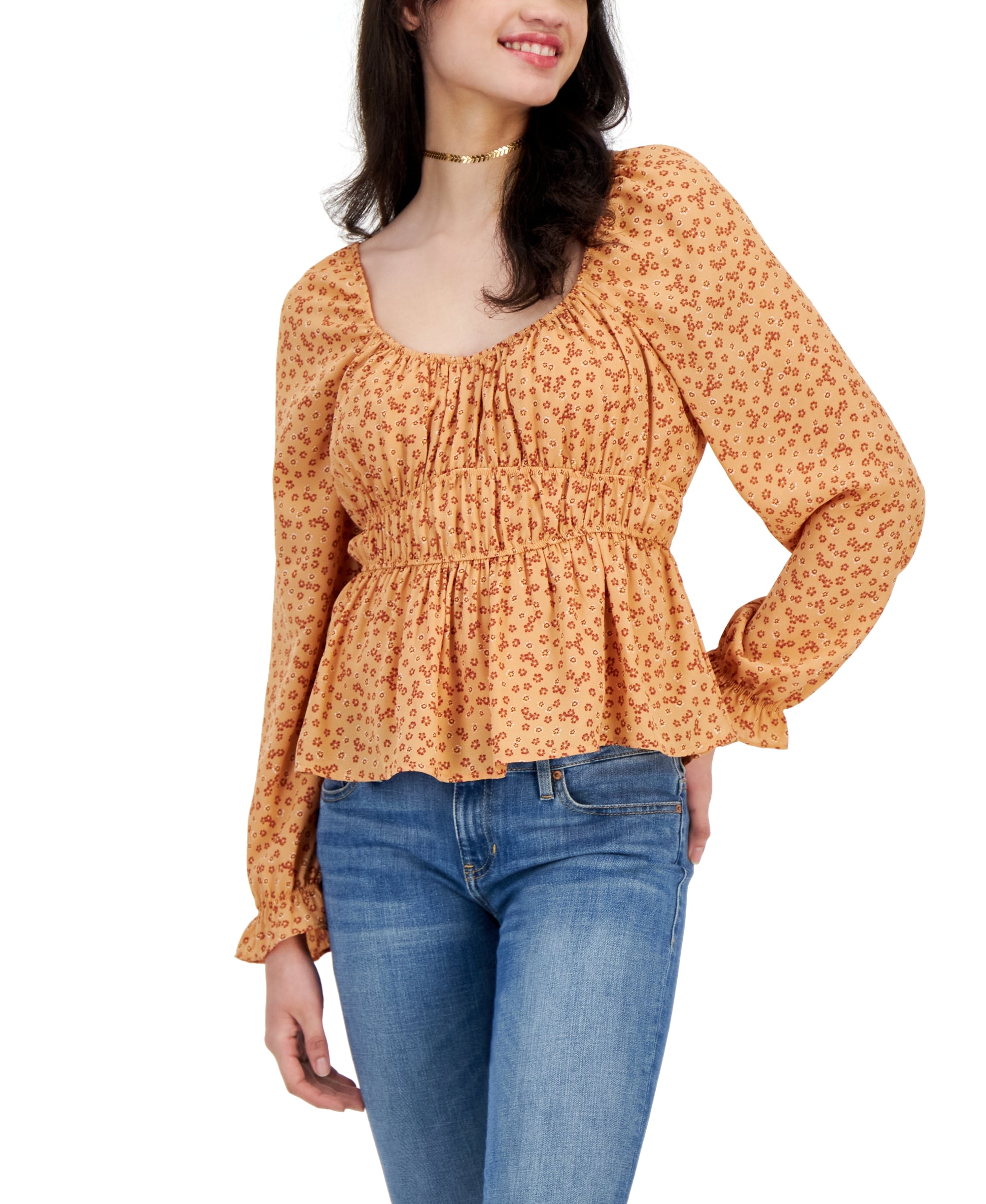 Juniors' Puffed-Sleeve Peplum-Hem Premium Top