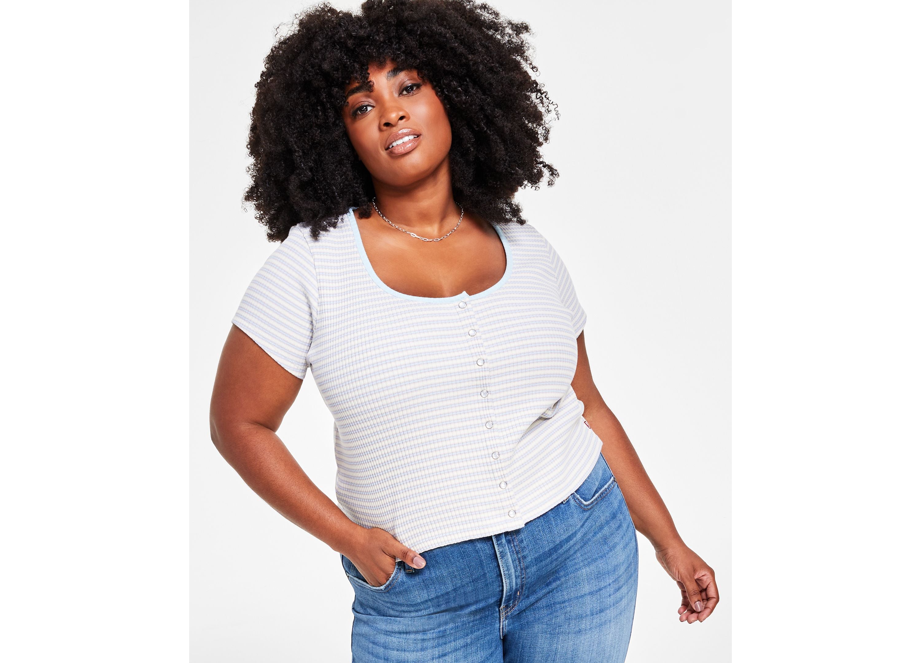 Plus Size Striped Britt Cotton Snap-Front Premium Top