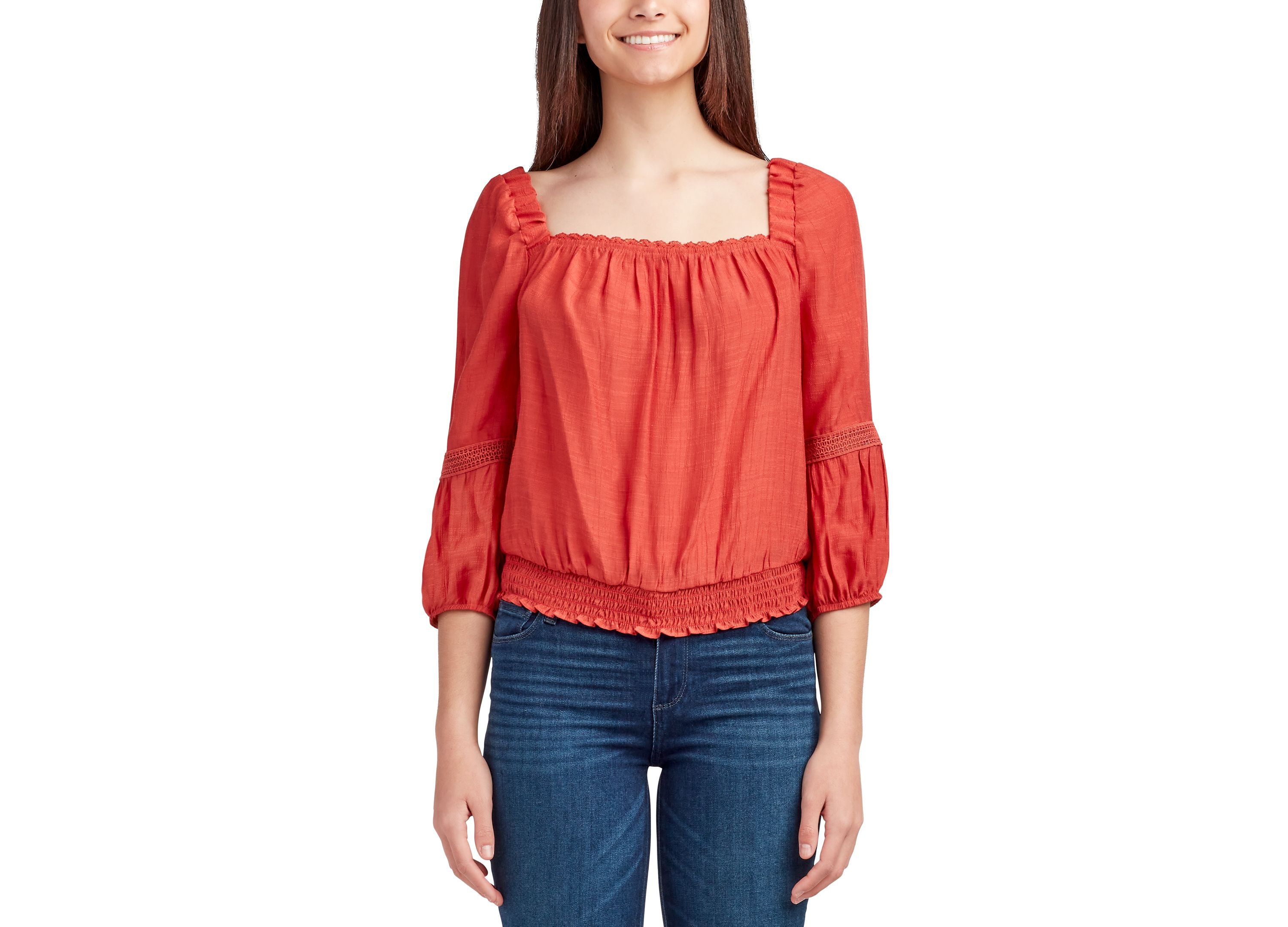 Juniors' Square-Neck Smocked-Hem Crochet-Trim Premium Top