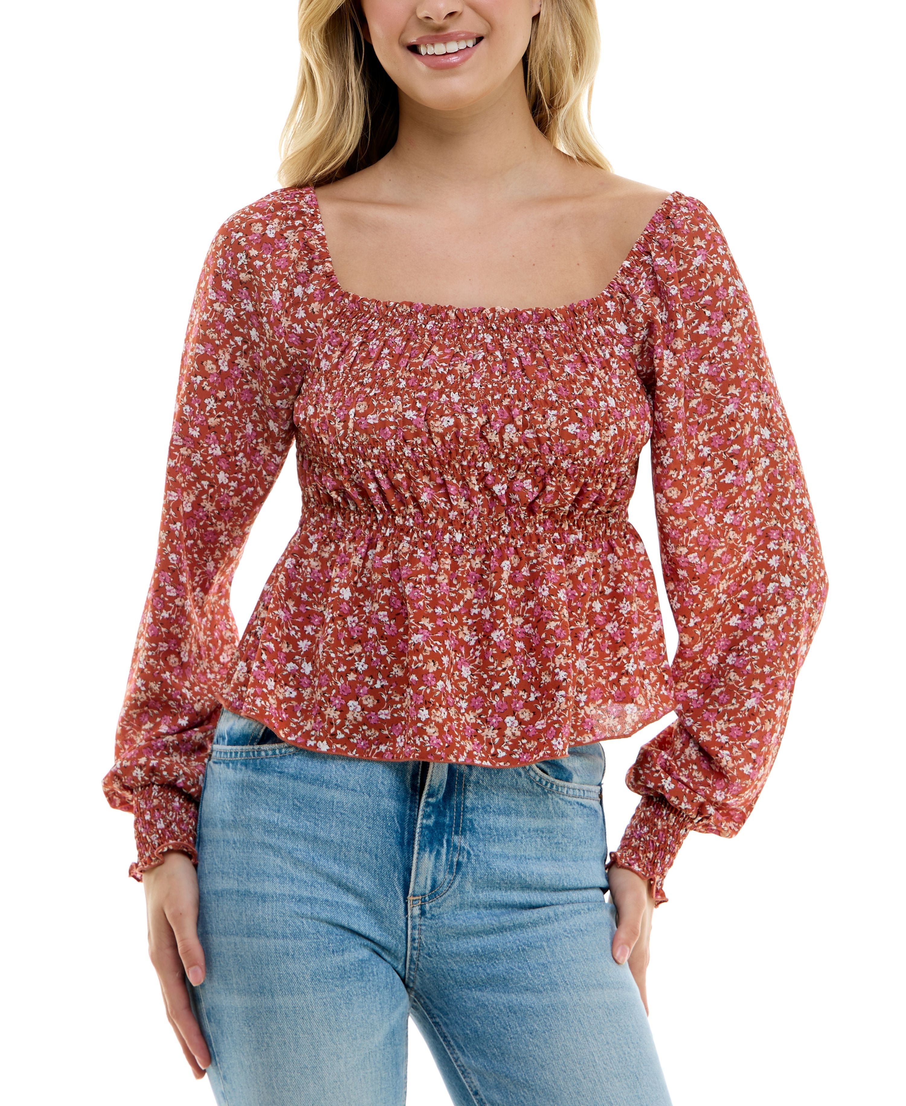 Juniors' Smocked Peplum Premium Top