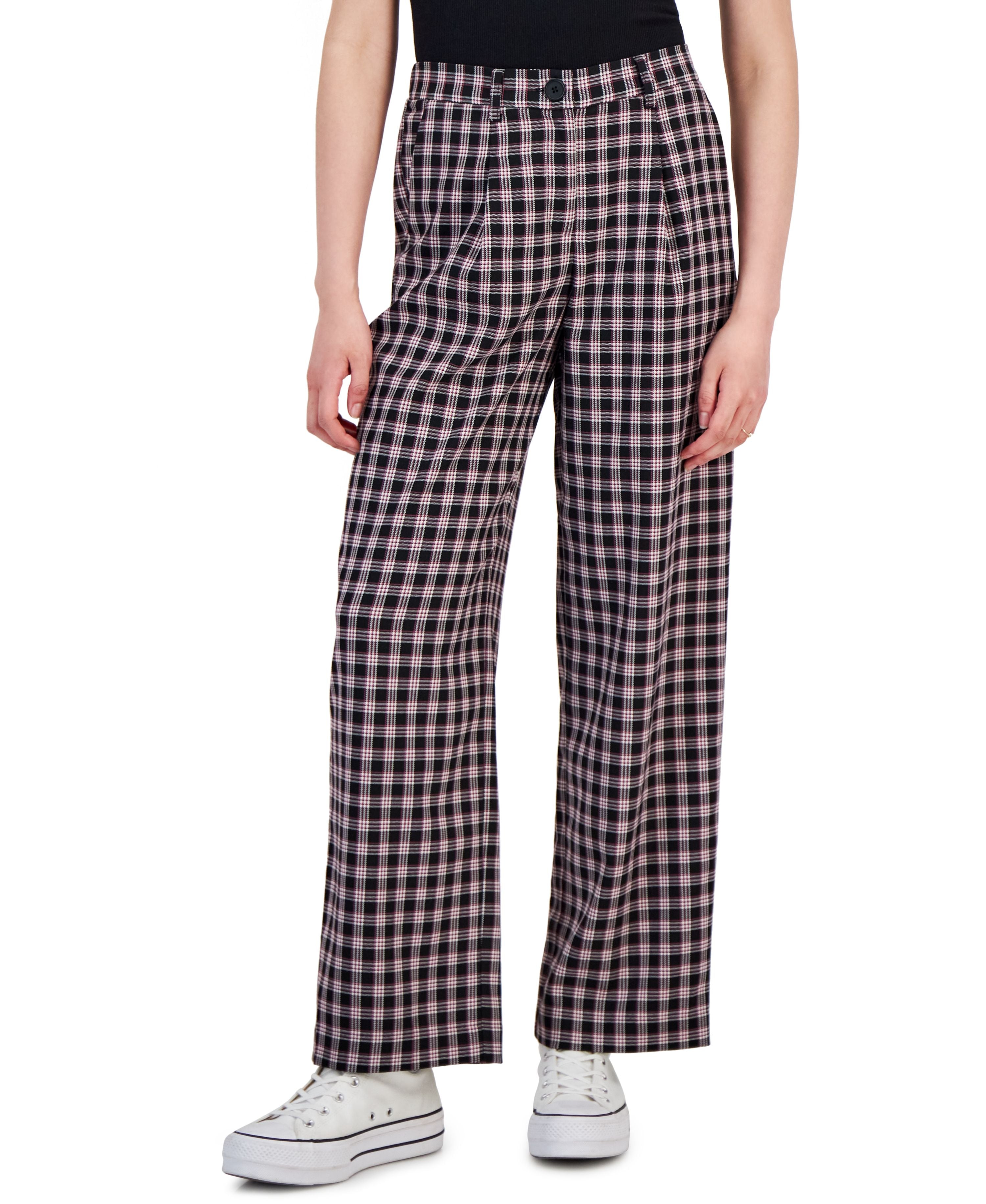 Juniors' Patterned Pleated-Waist Trouser Signature Pants