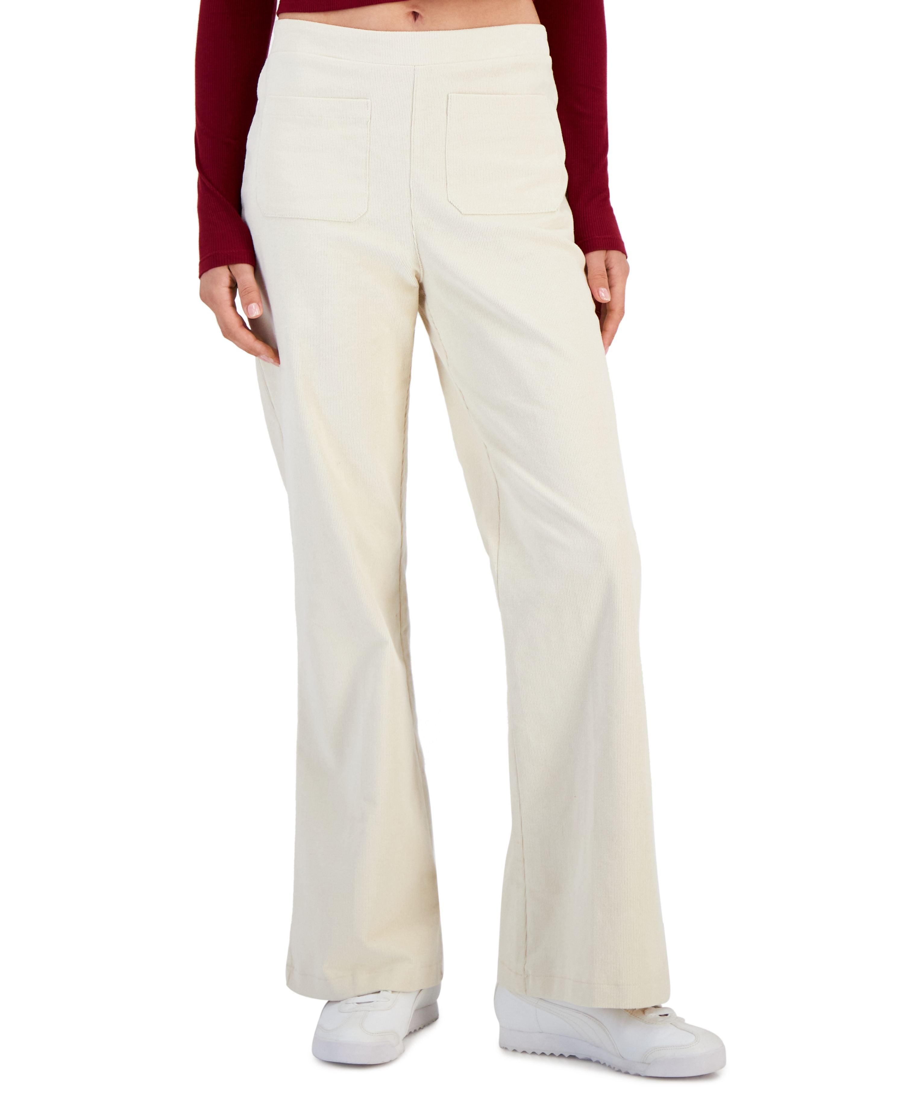 Juniors' Lace-Trimmed V-Neck Ribbed Premium Top & Stretch Corduroy Flared-Leg Signature Pants