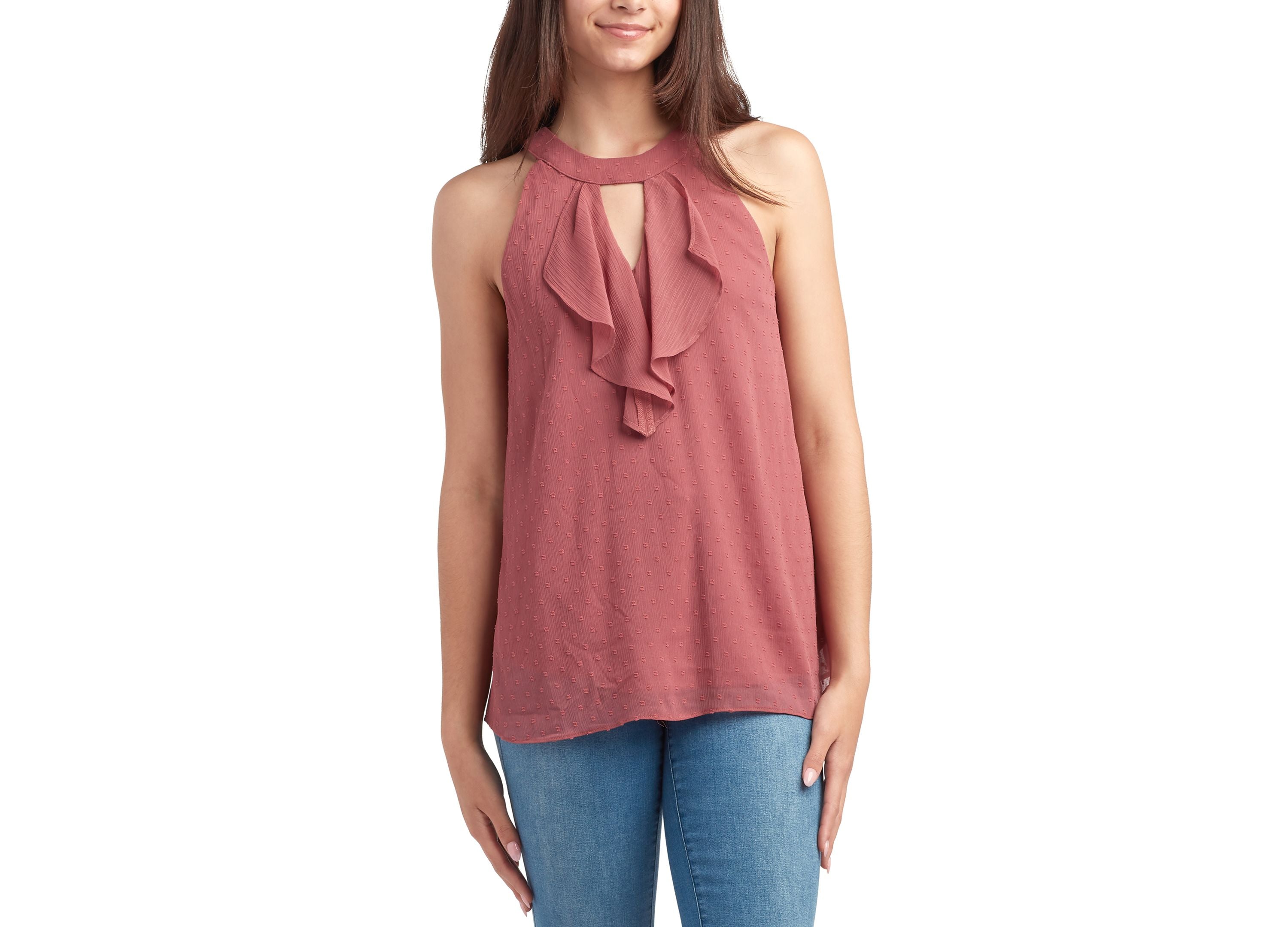 Juniors' Clip-Dot Ruffle-Front Sleeveless Premium Top
