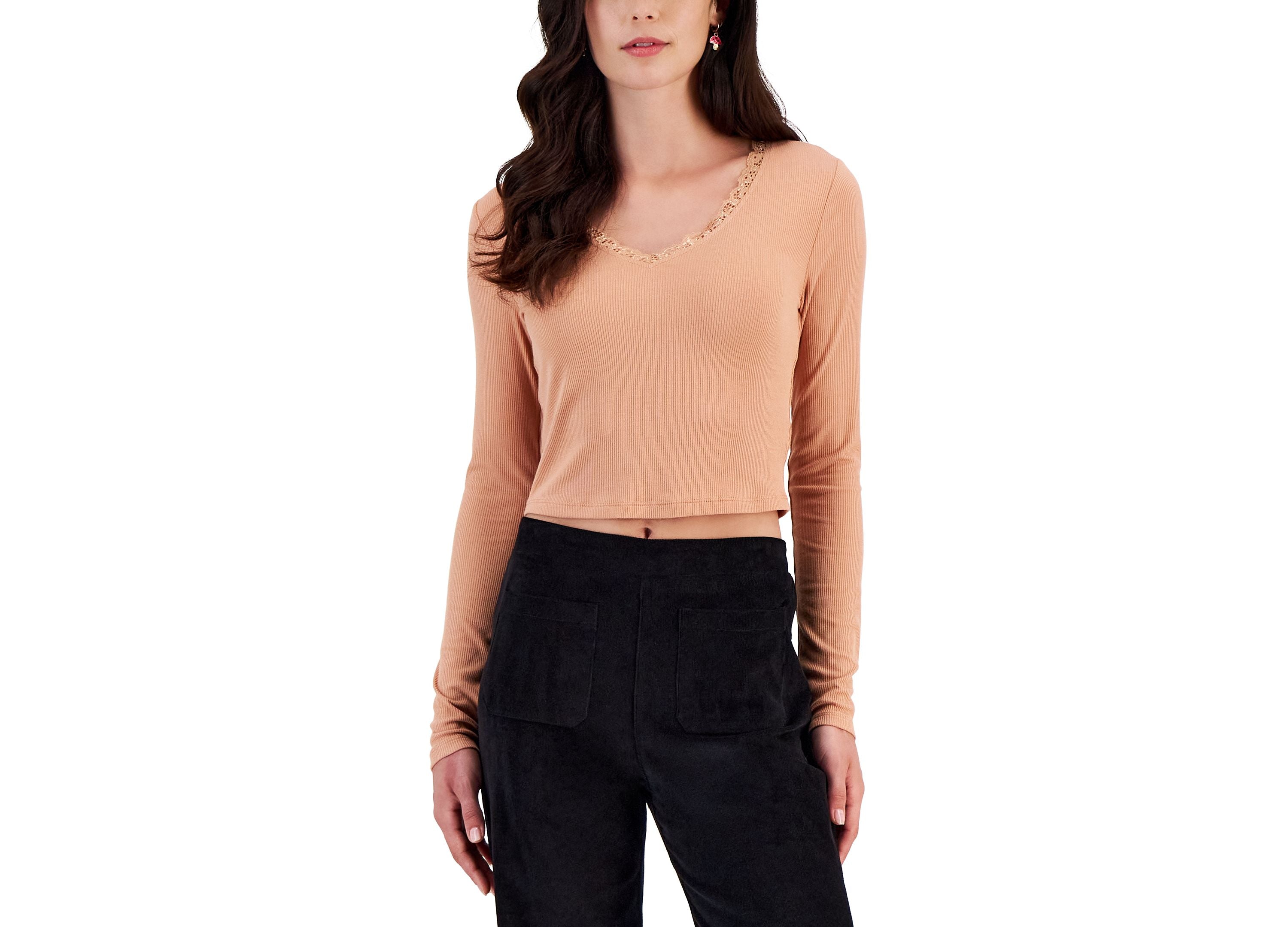 Juniors' Lace-Trimmed V-Neck Ribbed Premium Top