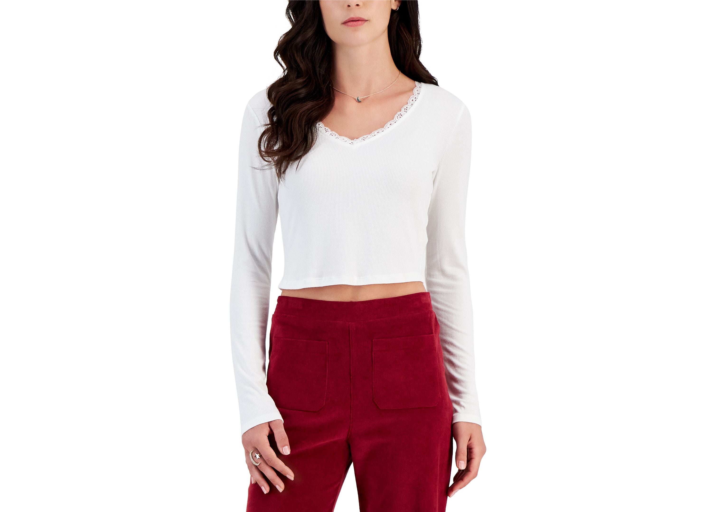 Juniors' Lace-Trimmed V-Neck Ribbed Premium Top