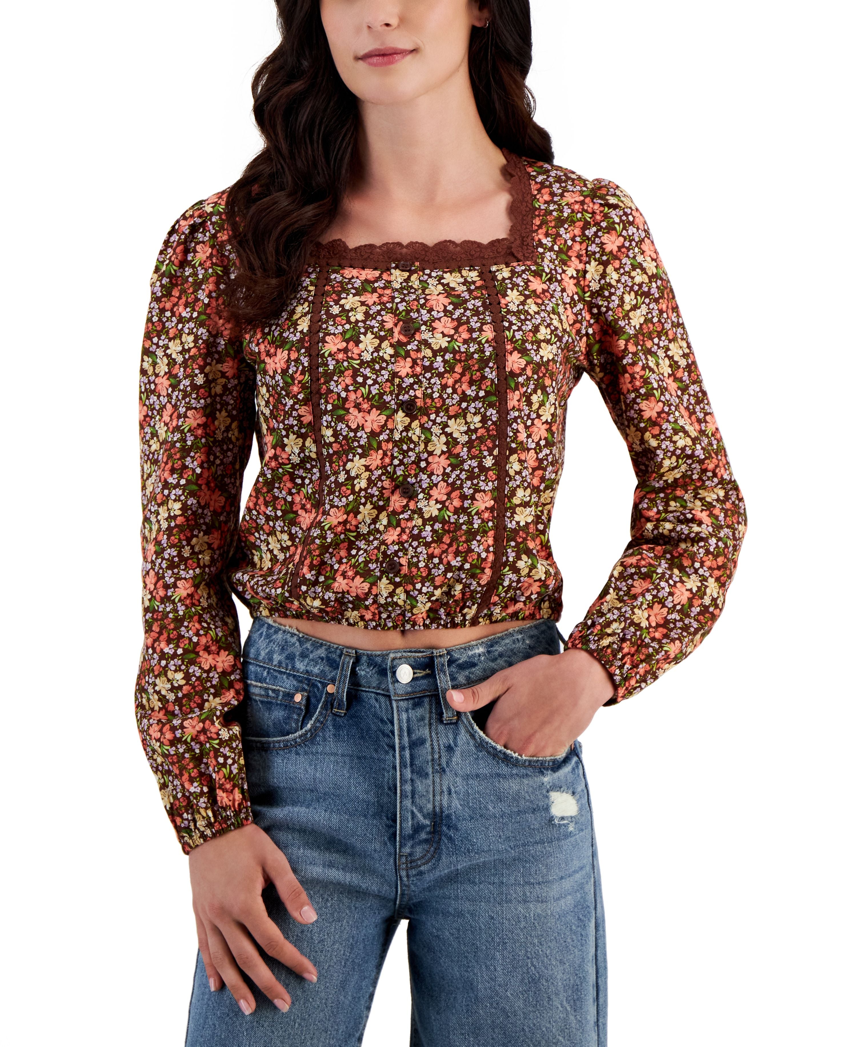 Juniors' Lace-Trimmed Square-Neck Premium Top
