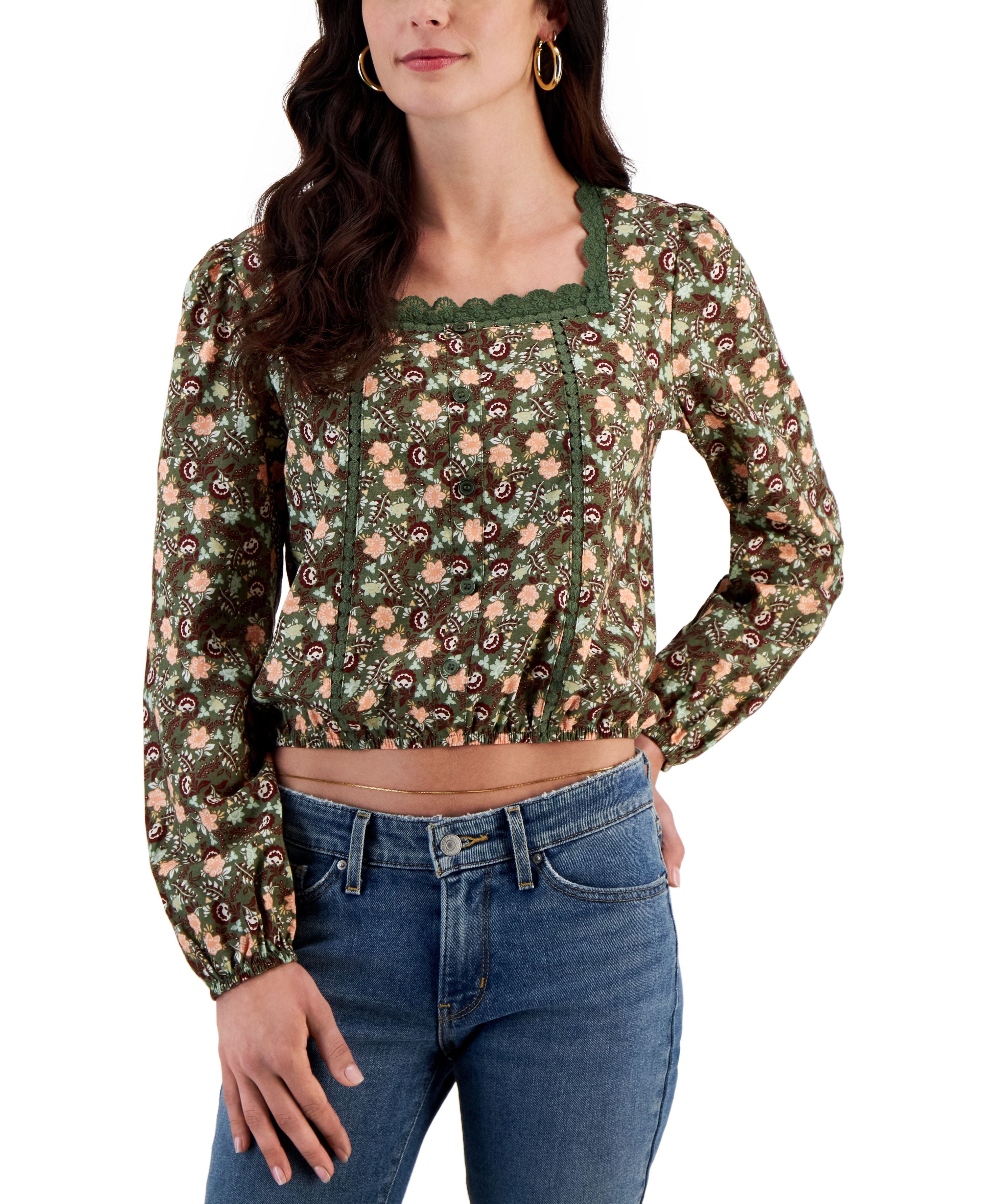 Juniors' Lace-Trimmed Square-Neck Premium Top