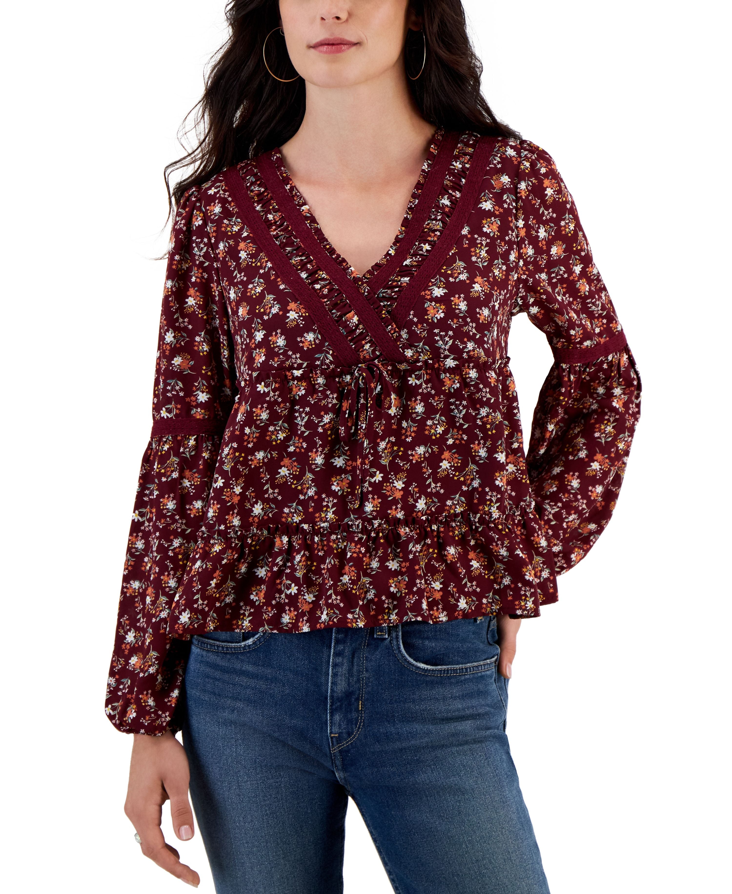 Juniors' Crochet-Trimmed Surplice Tiered Flounce Premium Top