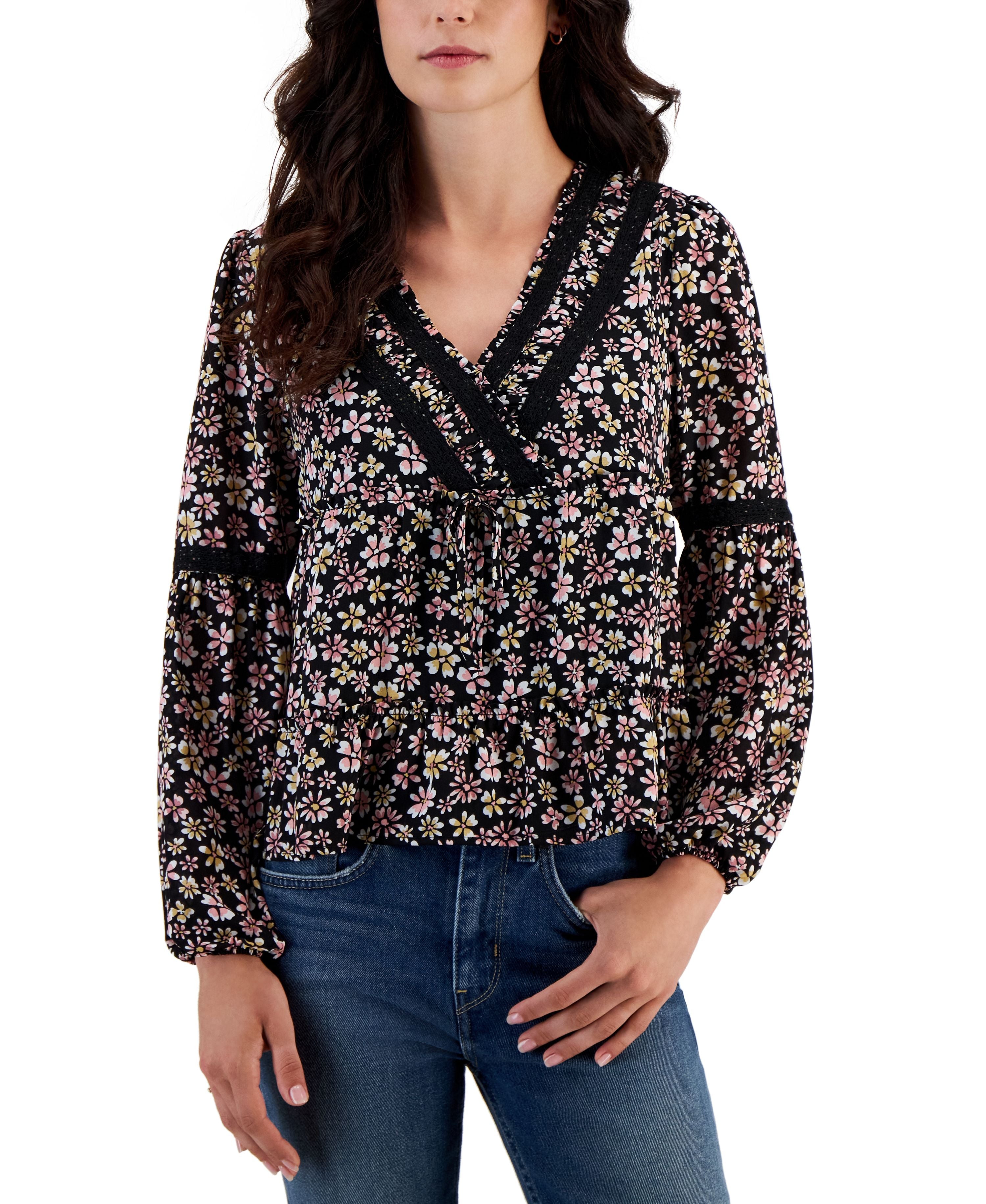 Juniors' Crochet-Trimmed Surplice Tiered Flounce Premium Top