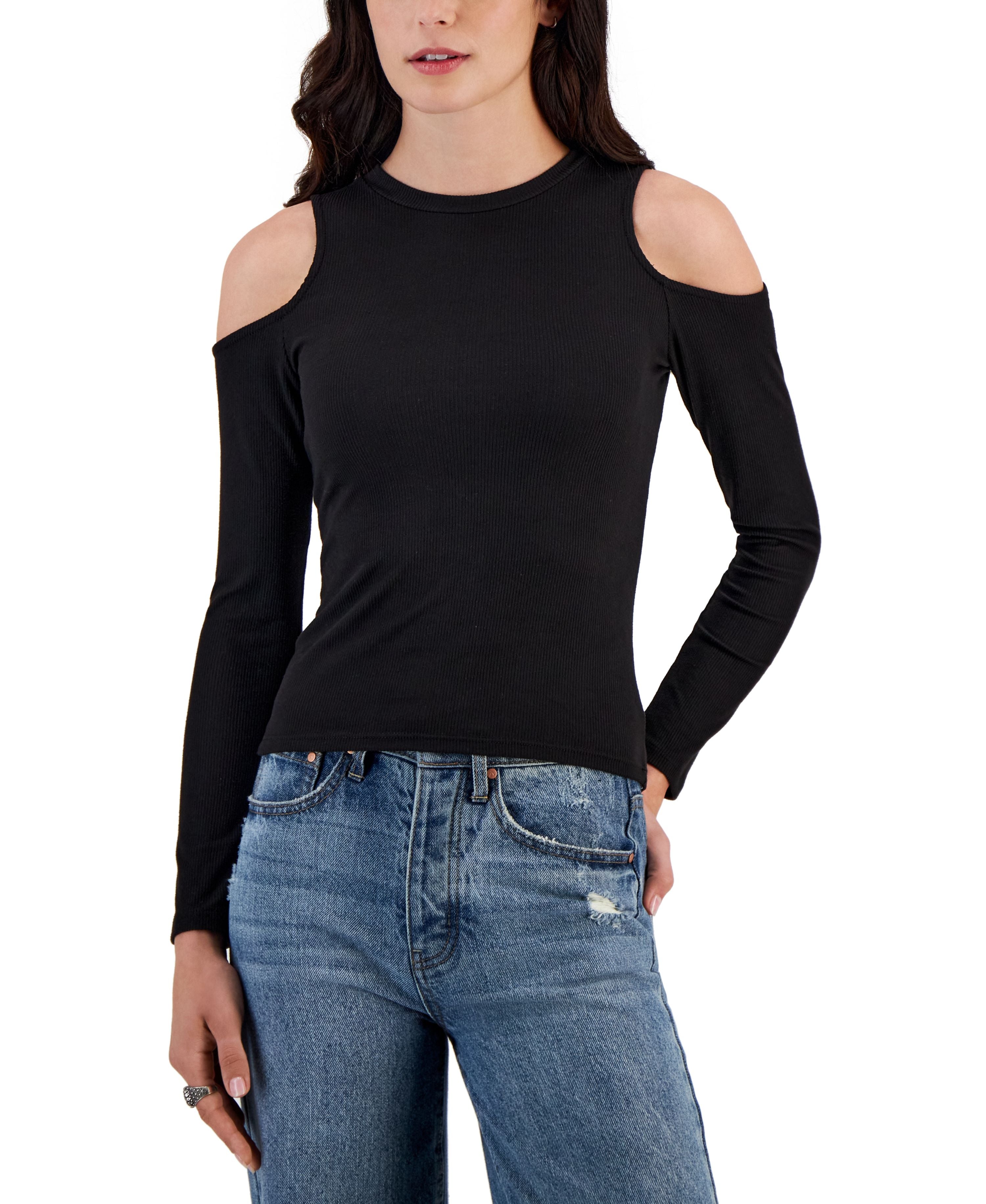 Juniors' Crewneck Cold-Shoulder Ribbed Premium Top