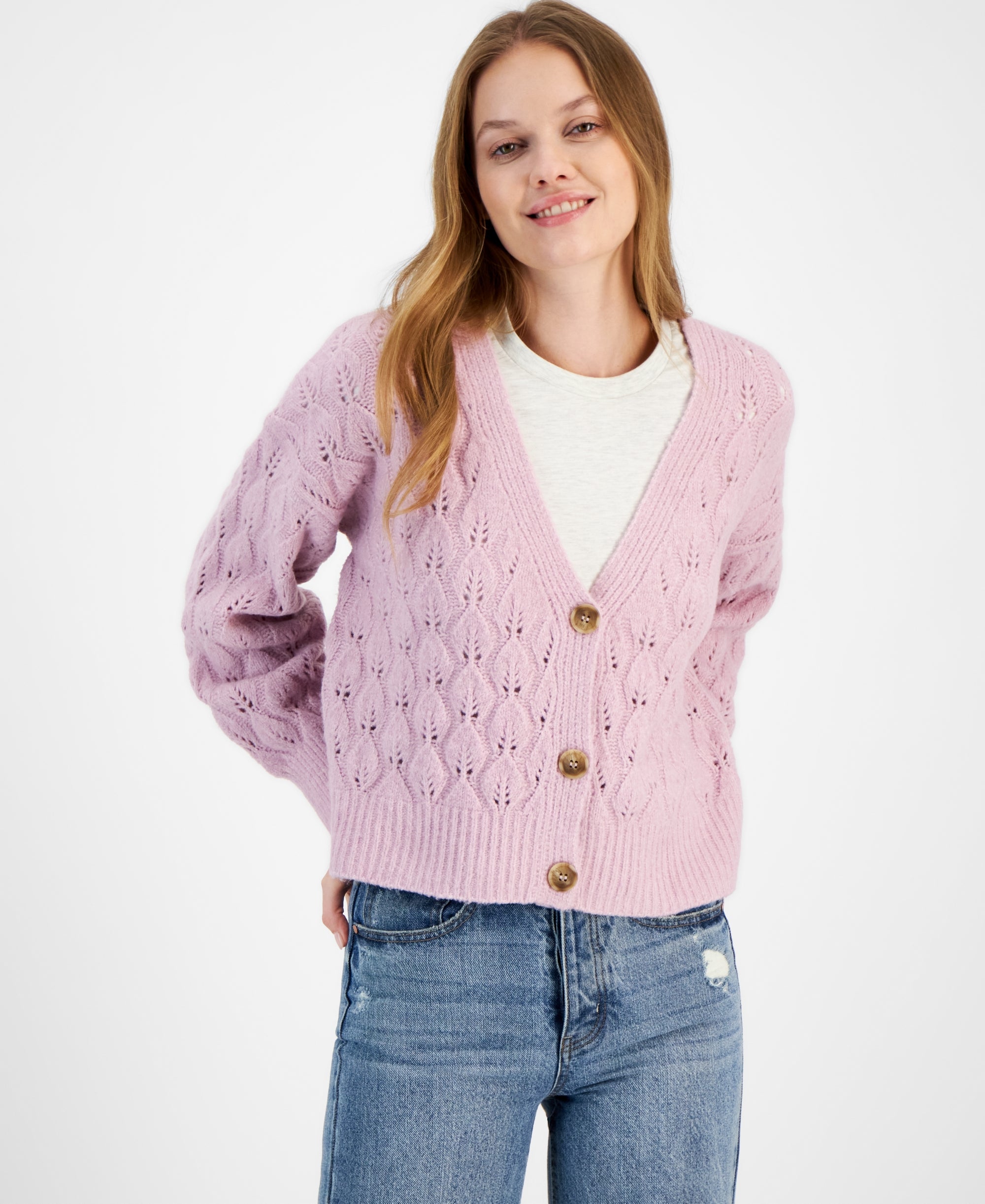 Women's Leaf-Stitch Cardigan Sweater & High-Rise Straight-Leg Premium Jeans Mauve Shadows M