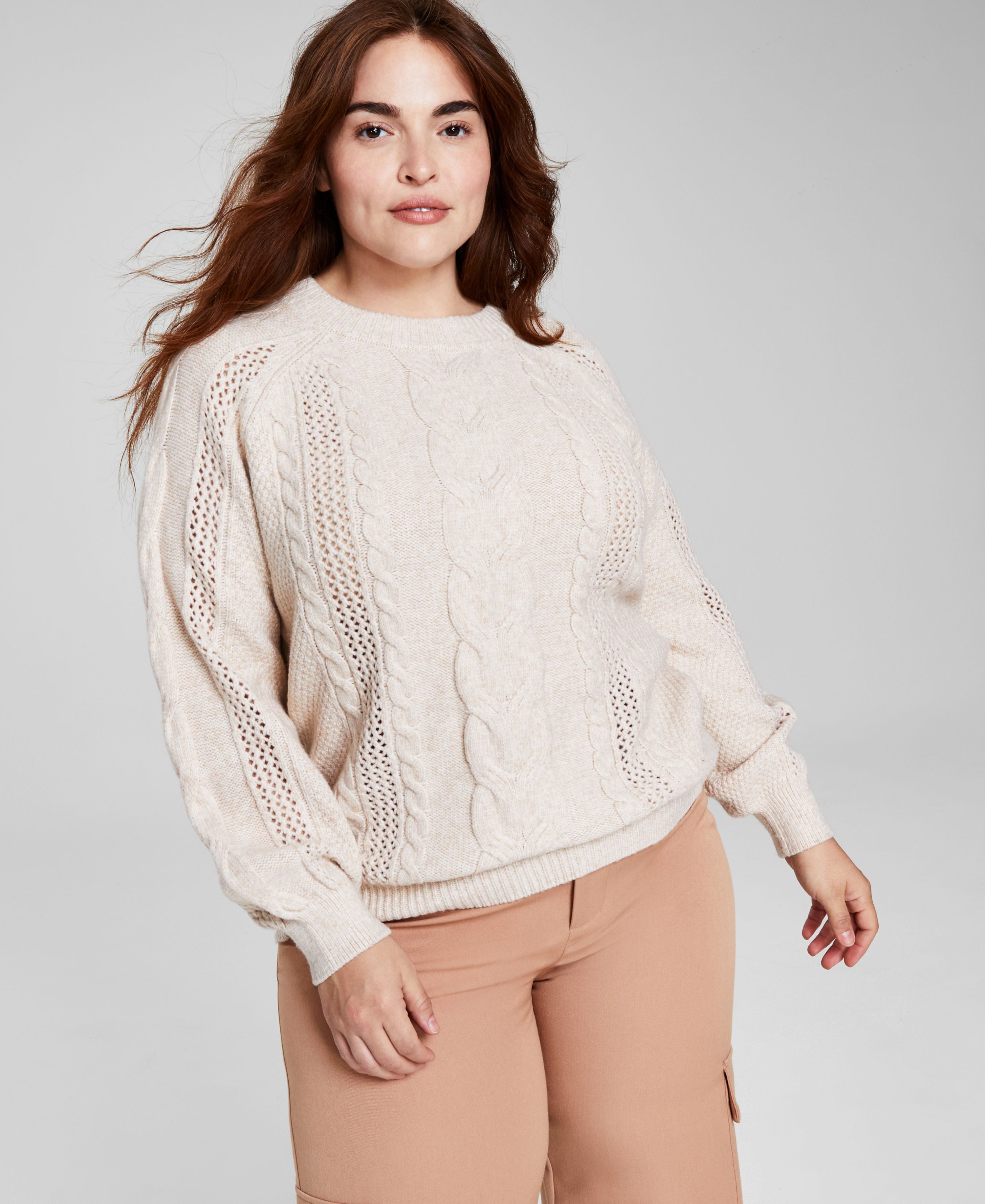 Modern Plus Size Mixed-Knit Crewneck Sweater