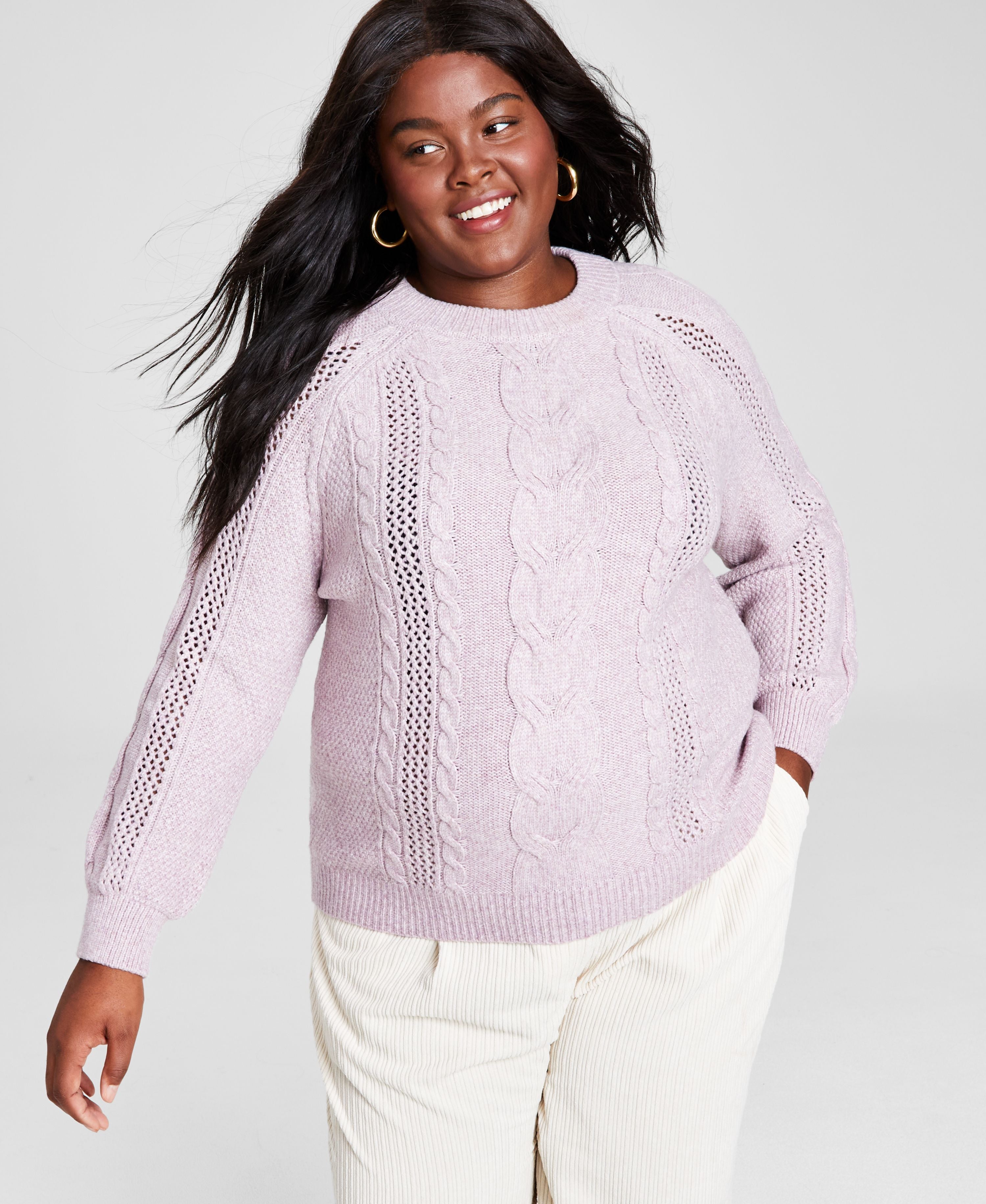 Modern Plus Size Mixed-Knit Crewneck Sweater