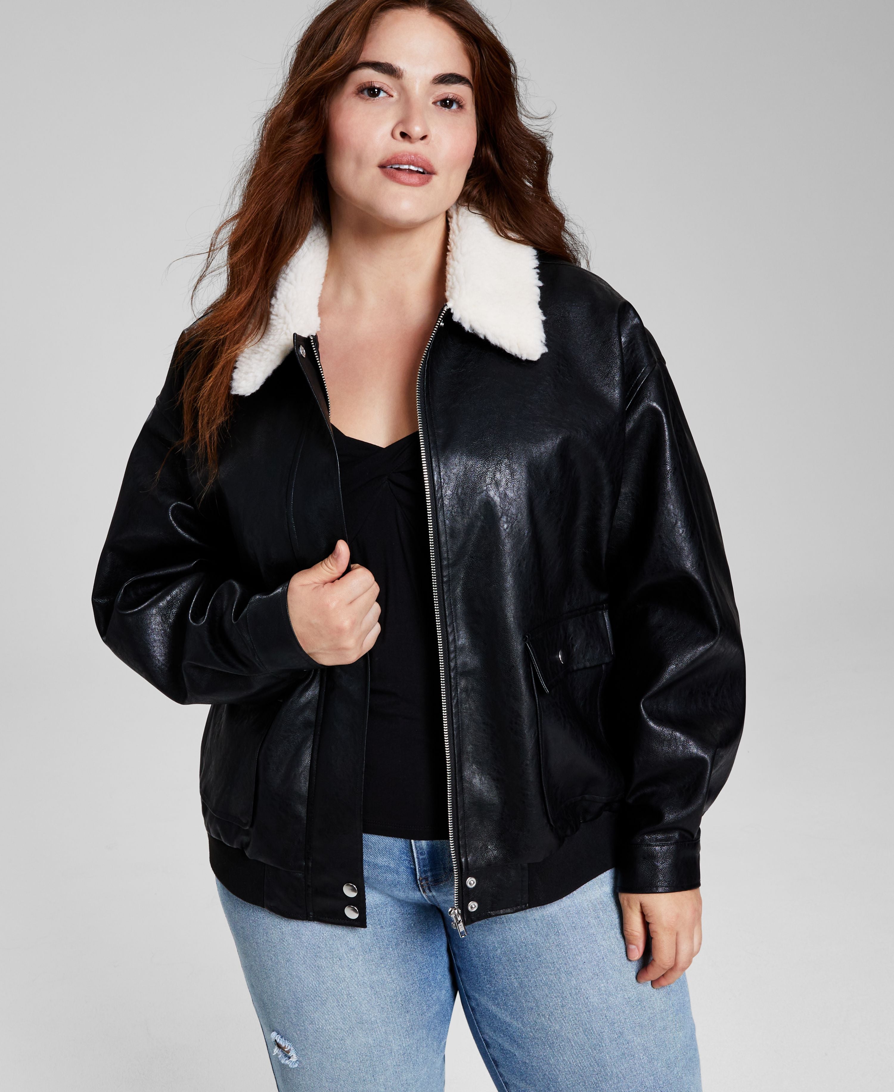 Women's Modern Plus Size Faux-Leather Fleece-Trim Jacket