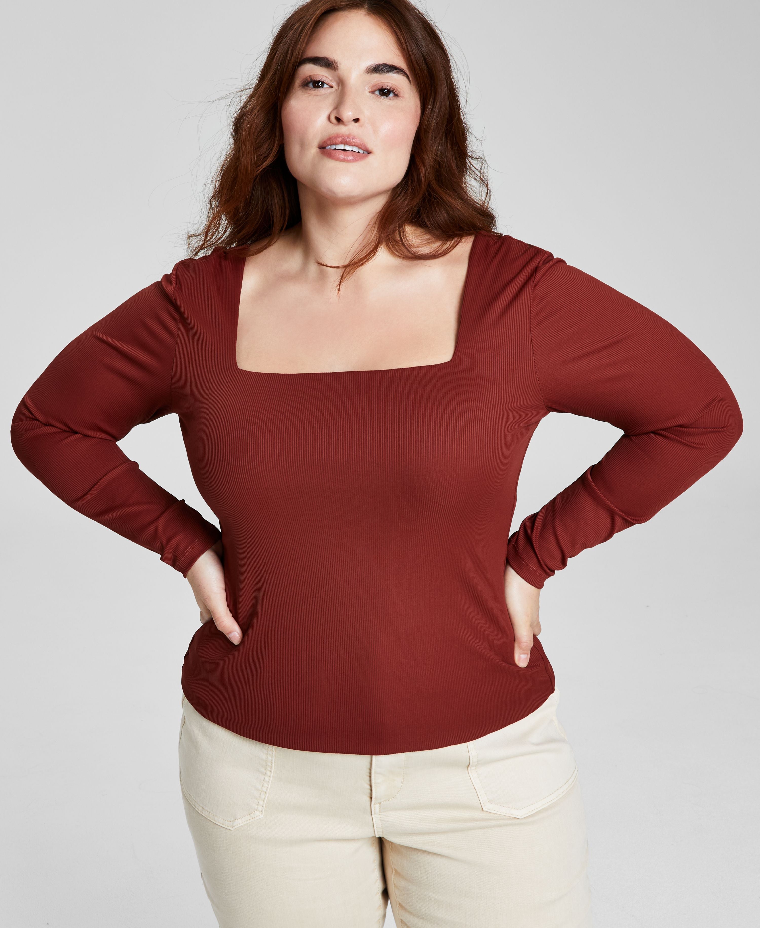 Modern Plus Size Square-Neck Long-Sleeve Premium Top
