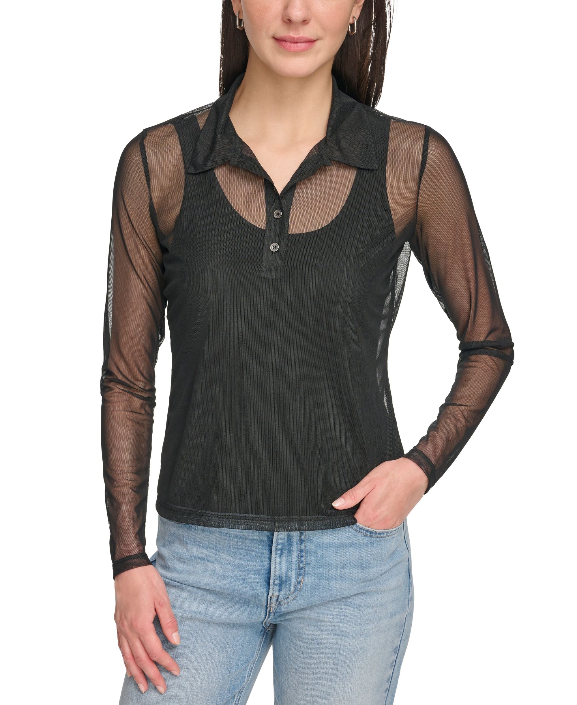 Women's Sheer Mesh Collared Modern Shirt