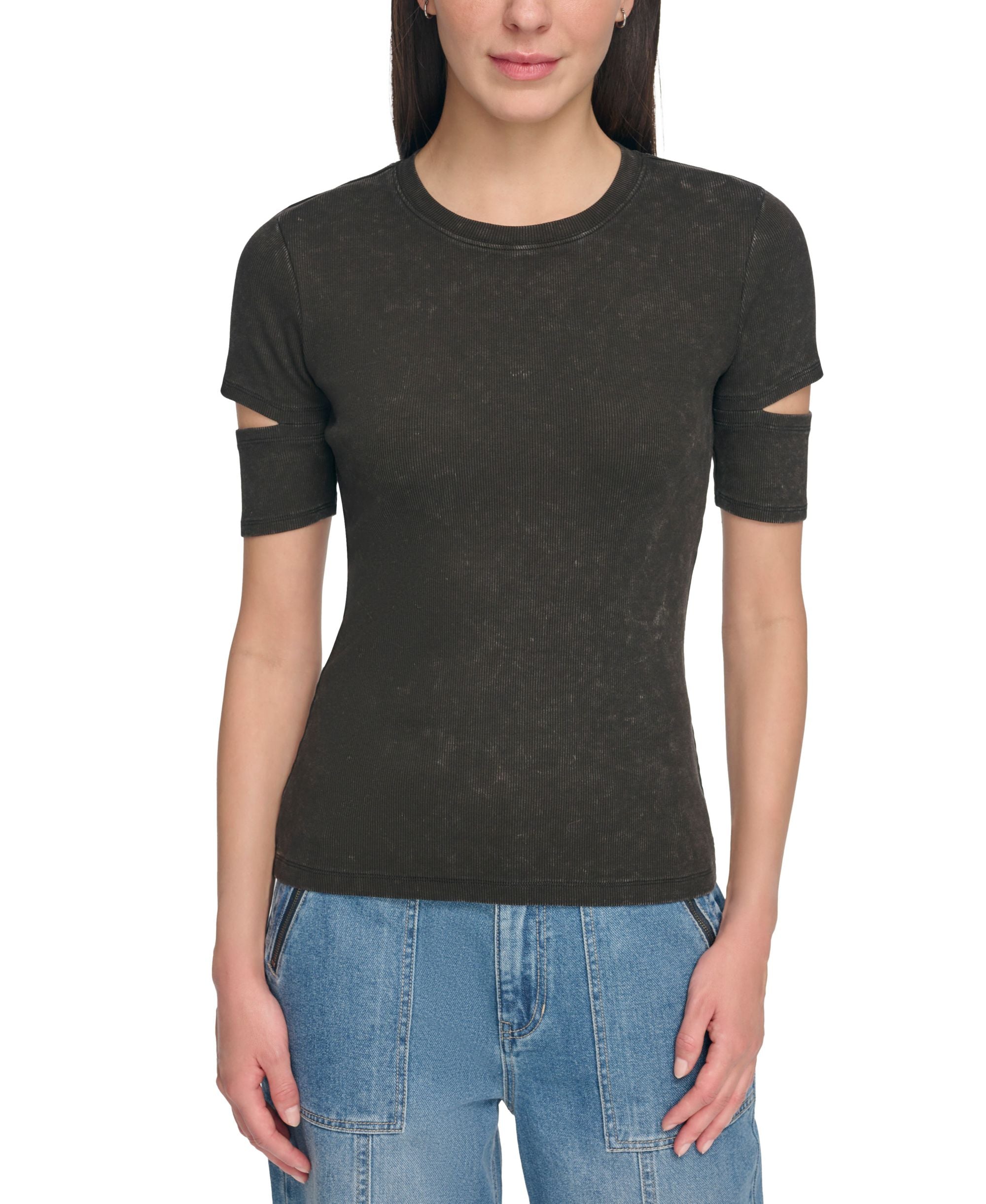 Women's Cutout Short-Sleeve Rib-Knit Premium Top