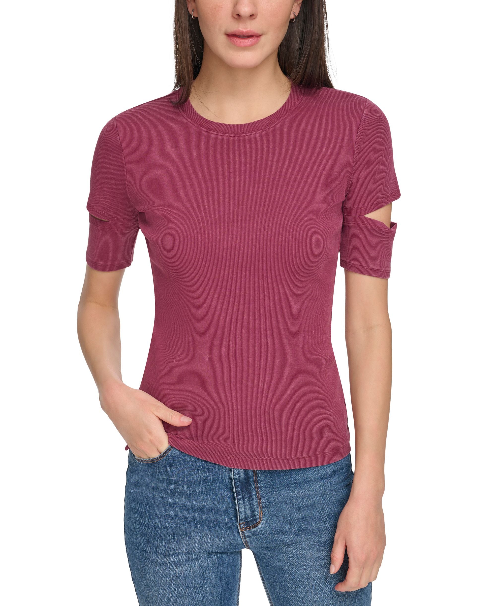 Women's Cutout Short-Sleeve Rib-Knit Premium Top