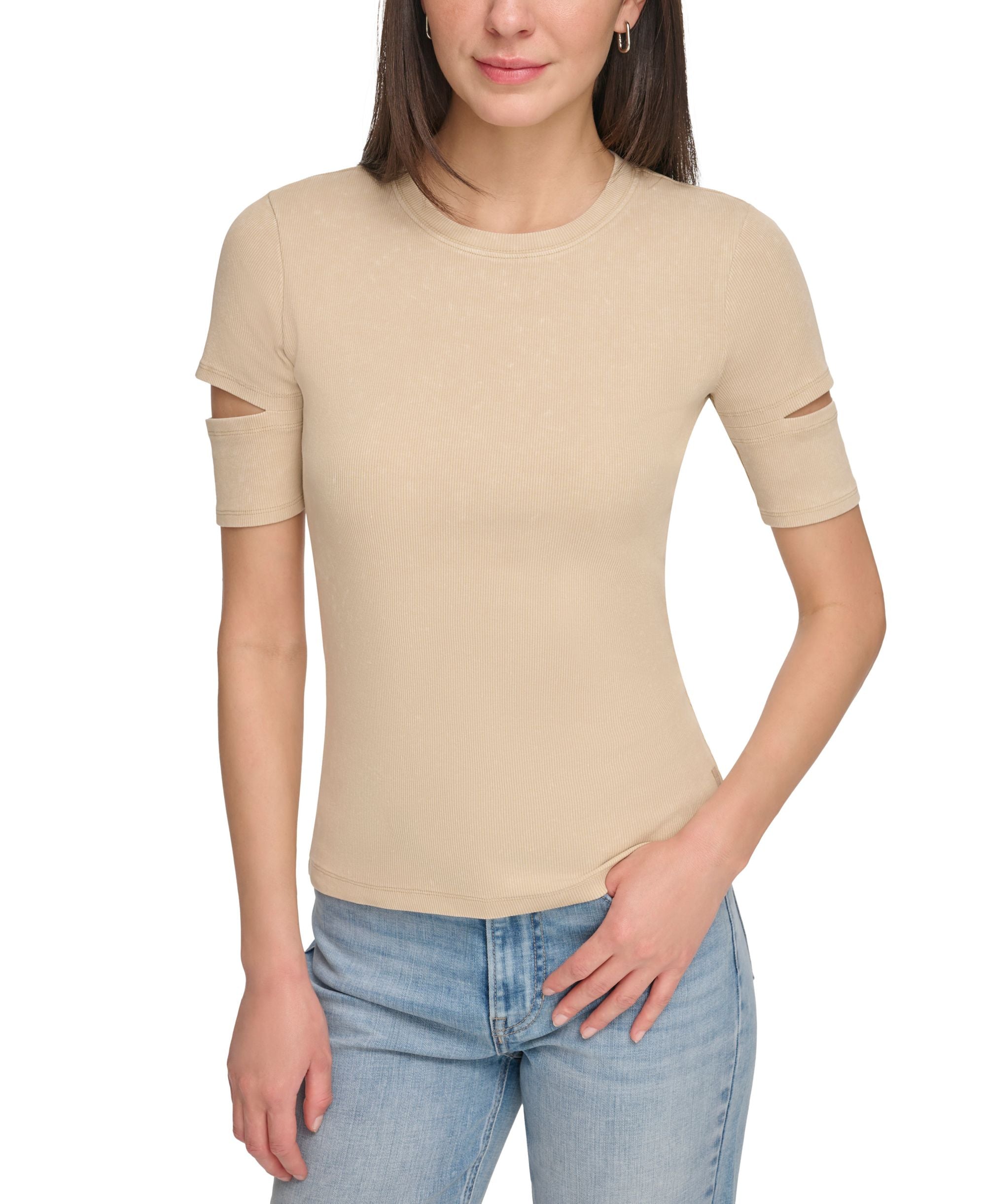 Women's Cutout Short-Sleeve Rib-Knit Premium Top