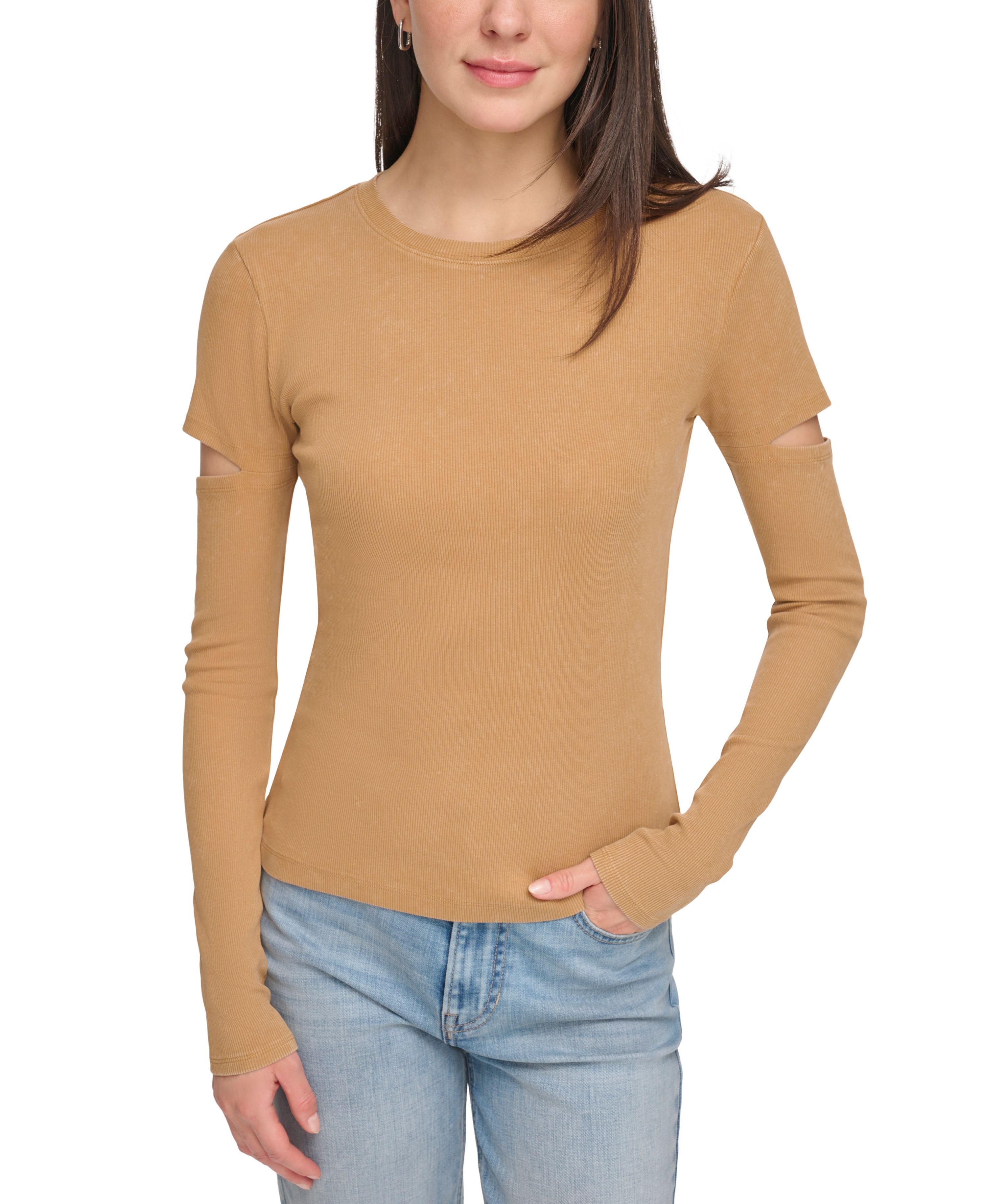 Women's Crewneck Long-Sleeve Cutout Knit Premium Top