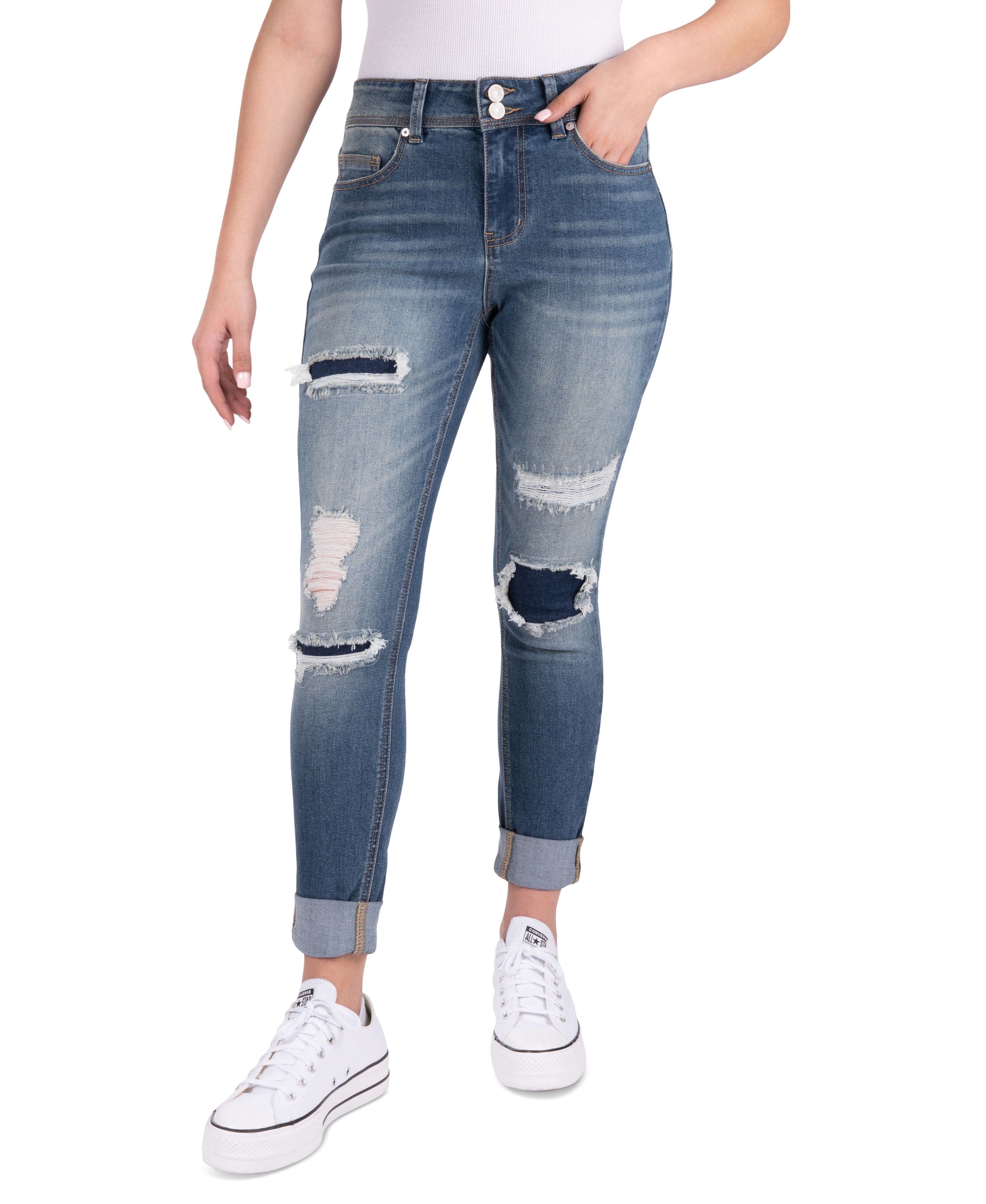 Juniors' Mid-Rise Destructed Skinny-Fit Premium Jeans