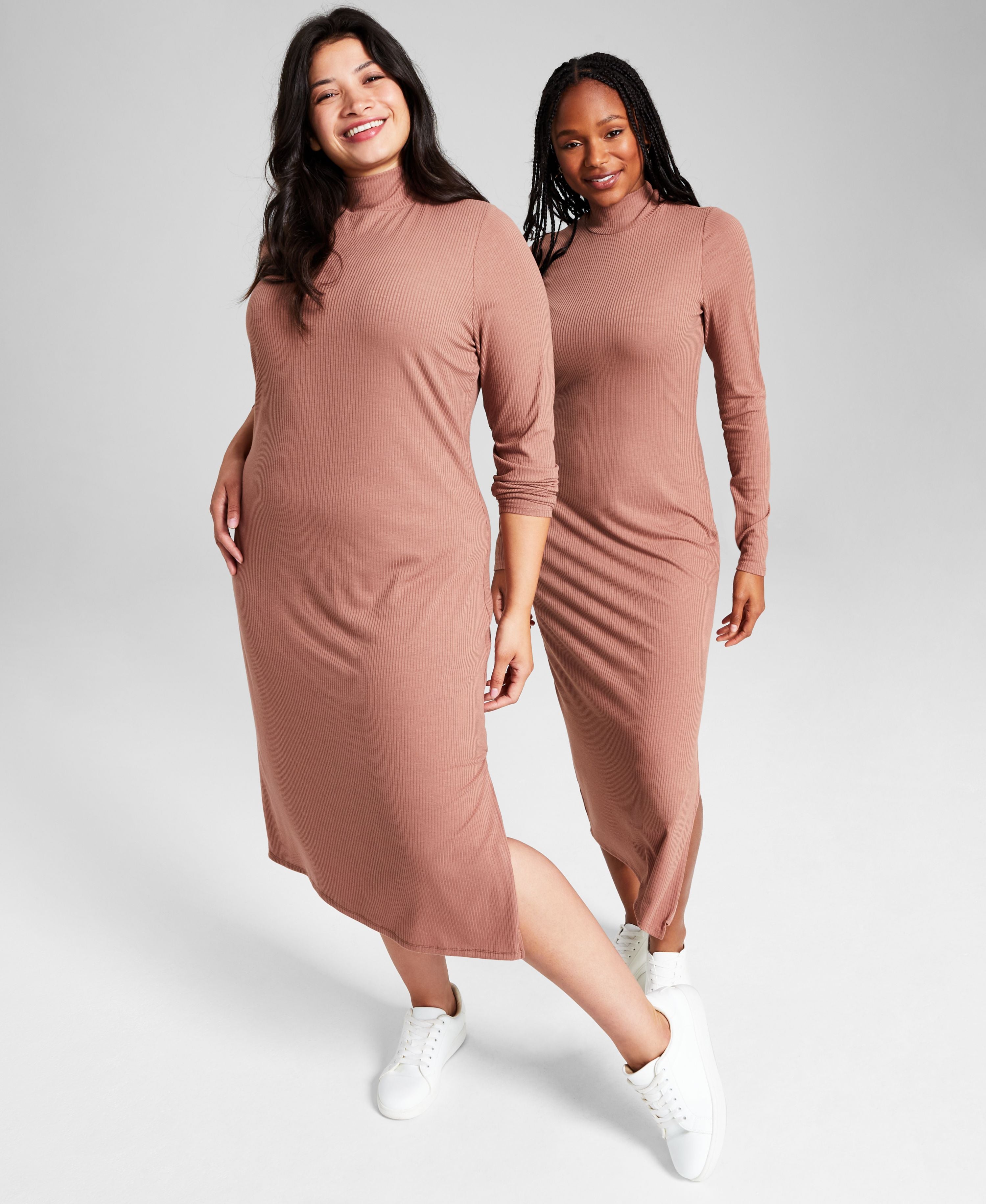 Plus Size Ribbed High-Neck Midi Bodycon Dress