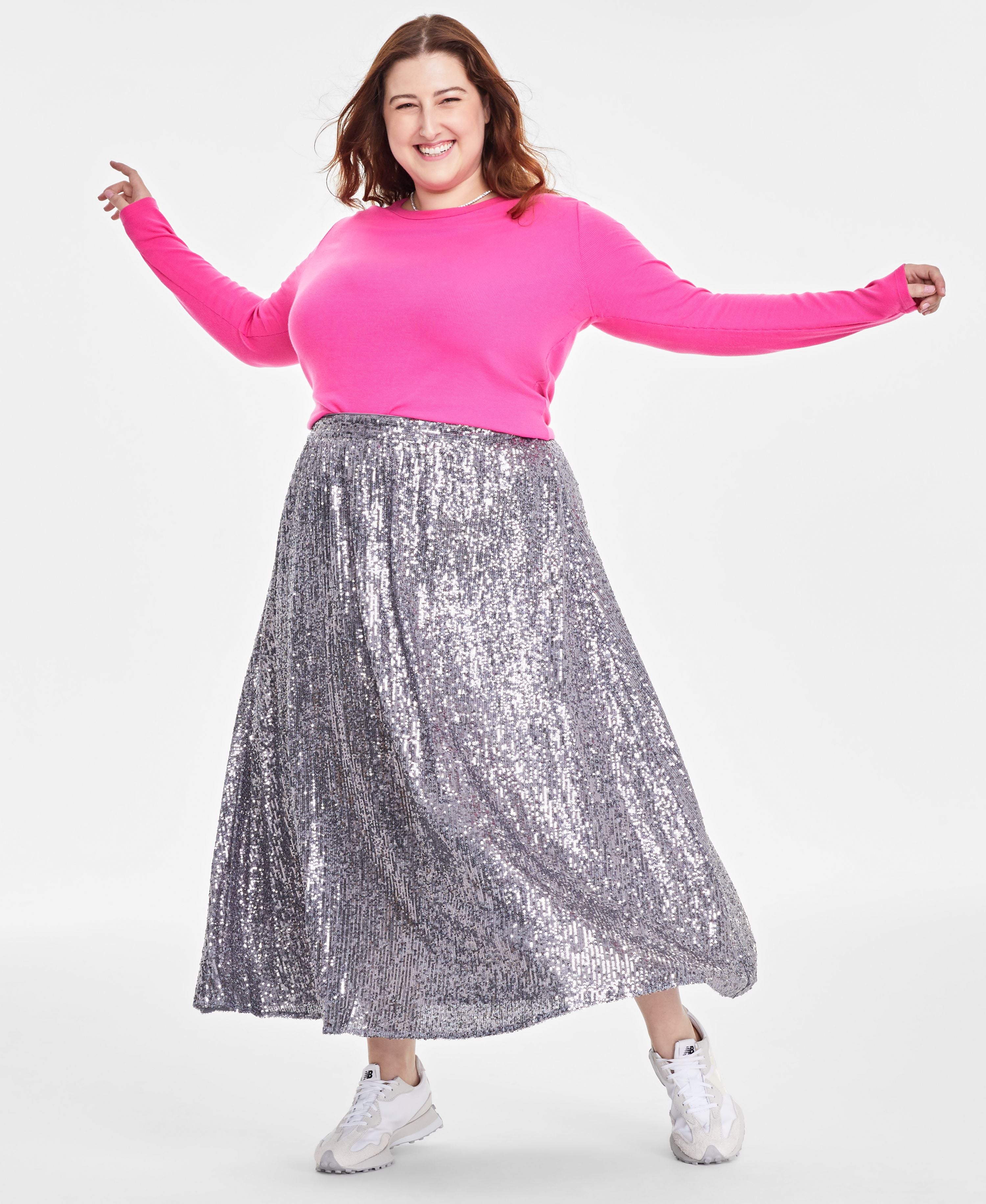 Plus Size Sequin Pleated Midi Modern Skirt