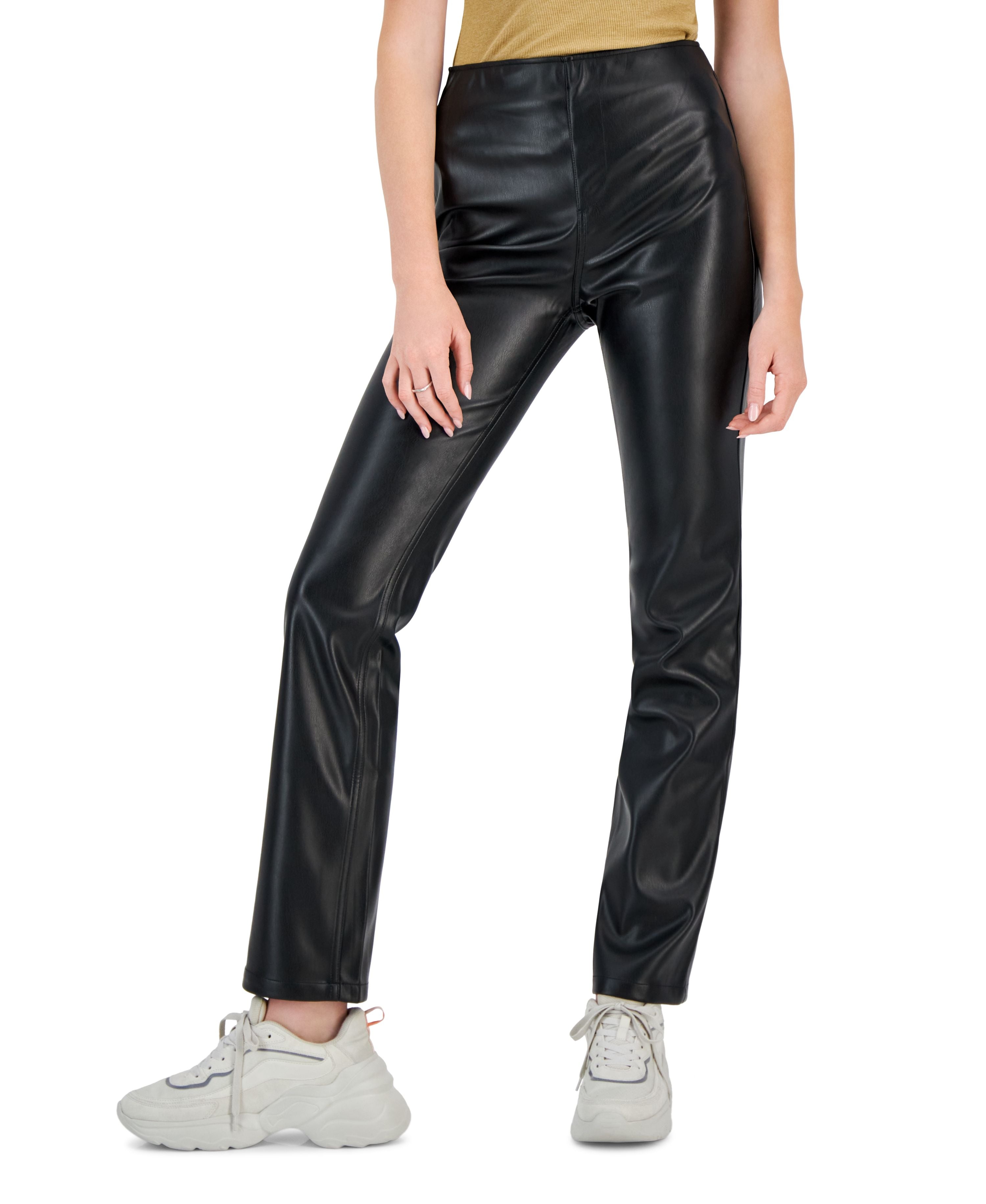 Juniors' Faux-Leather Finish High-Rise Pull-On Signature Pants