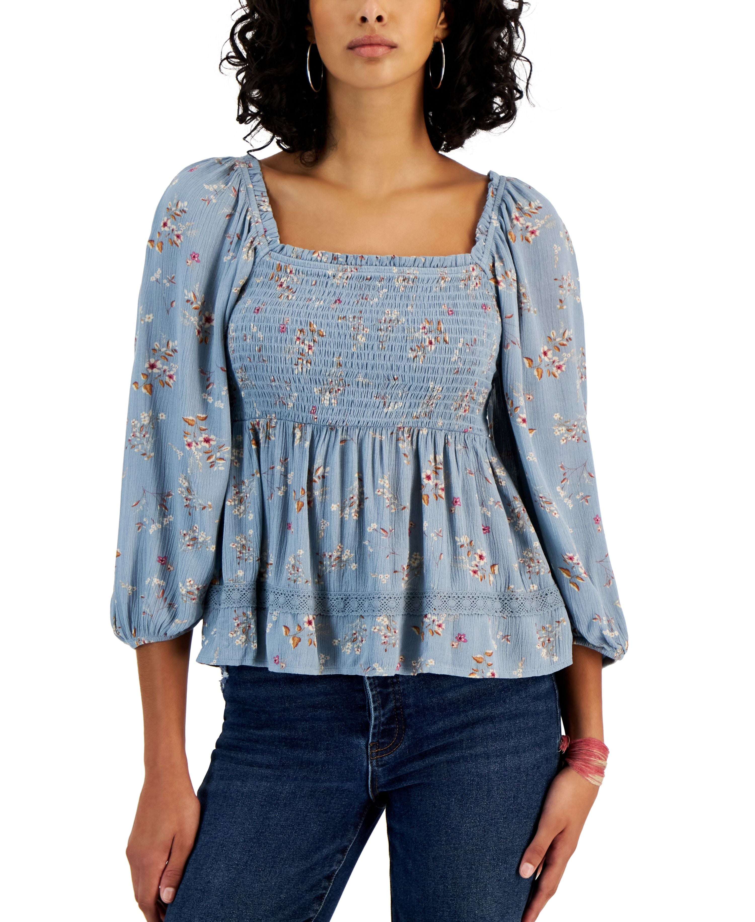 Juniors' Long-Sleeve Square-Neck Smocked Premium Top