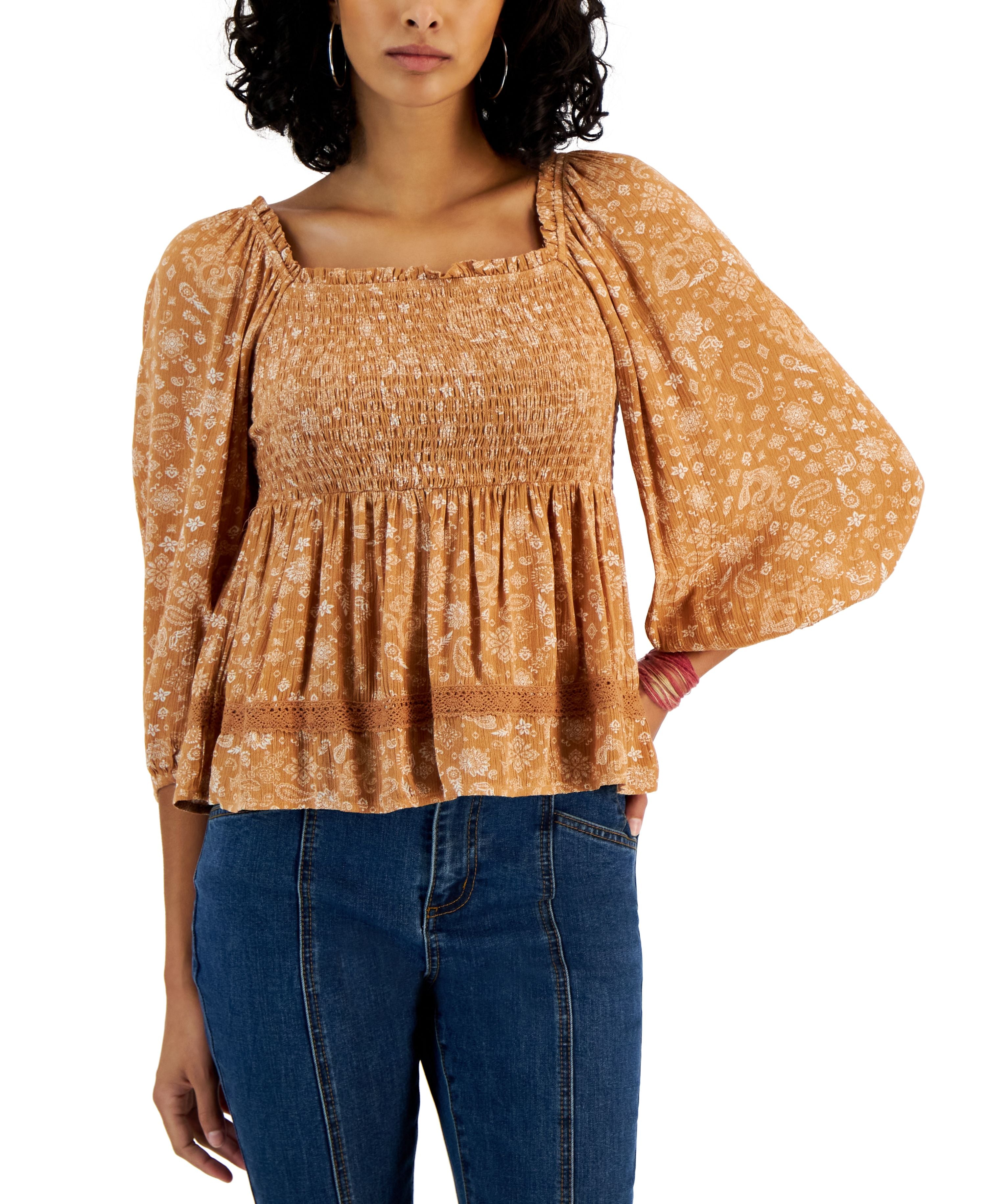 Juniors' Long-Sleeve Square-Neck Smocked Premium Top