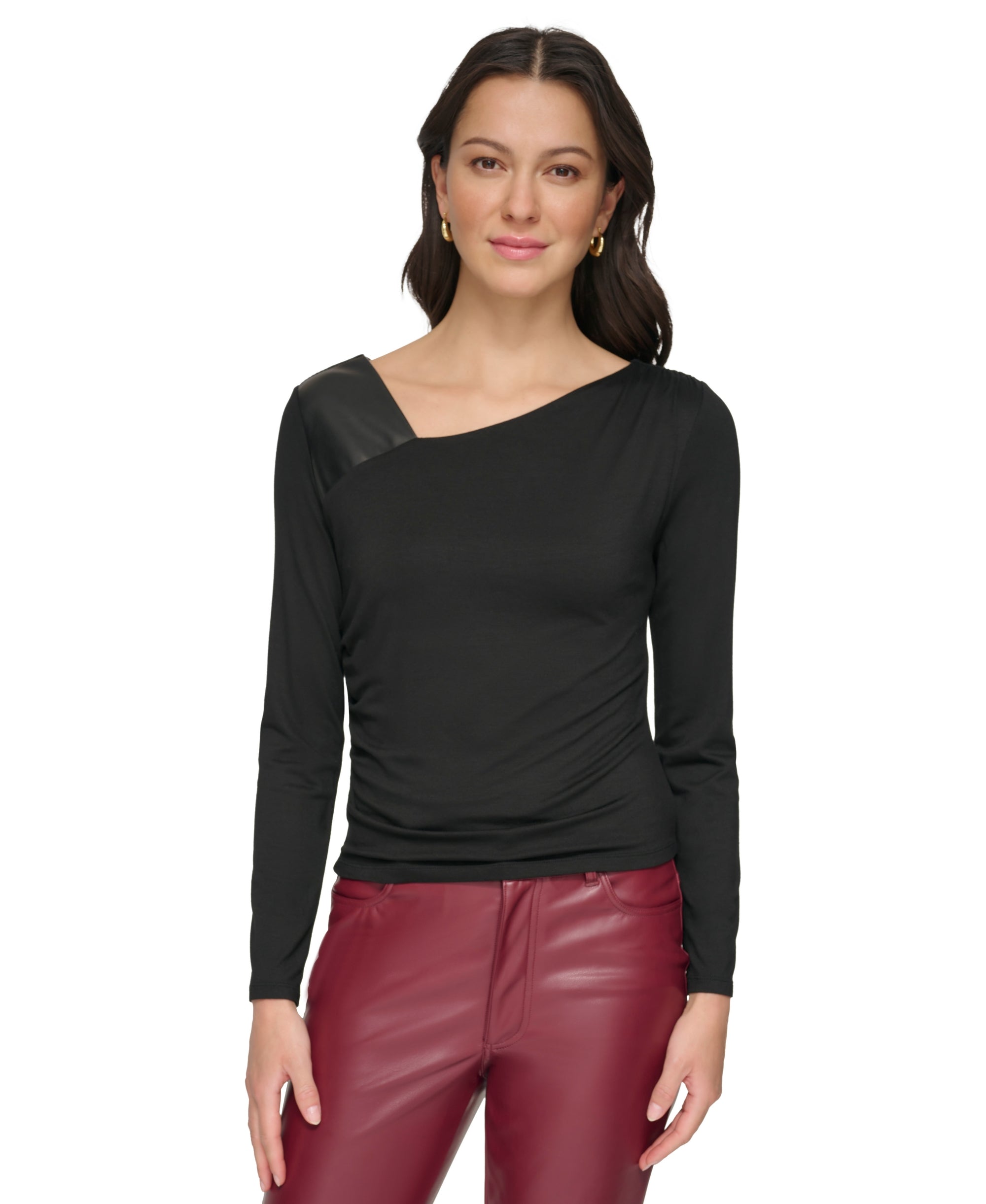 Women's Mixed-Media Asymmetrical-Neck Premium Top