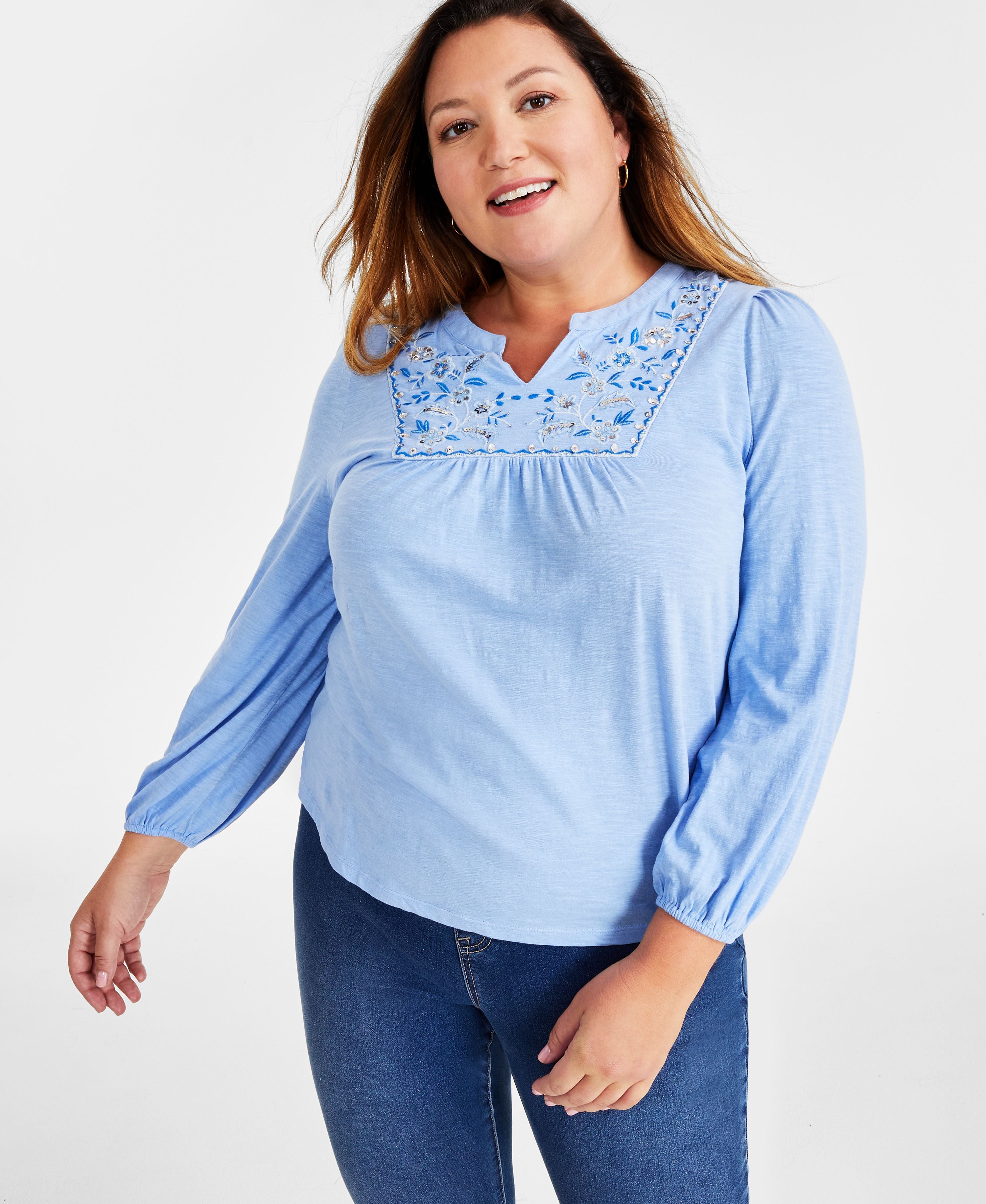 Plus Size Embroidered Split-Neck Premium Top