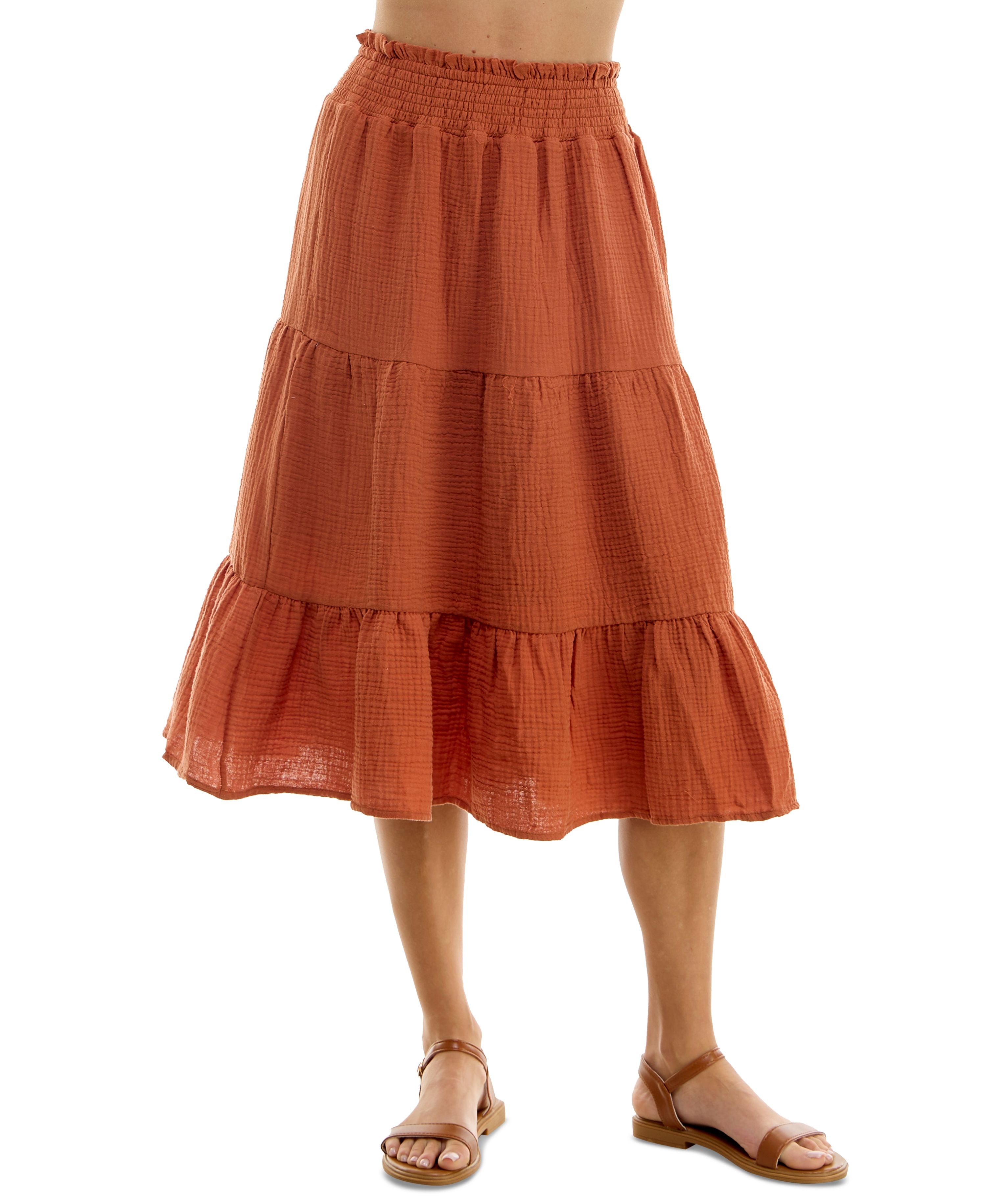 Juniors' Cotton Gauze Tiered Flounce Midi Modern Skirt