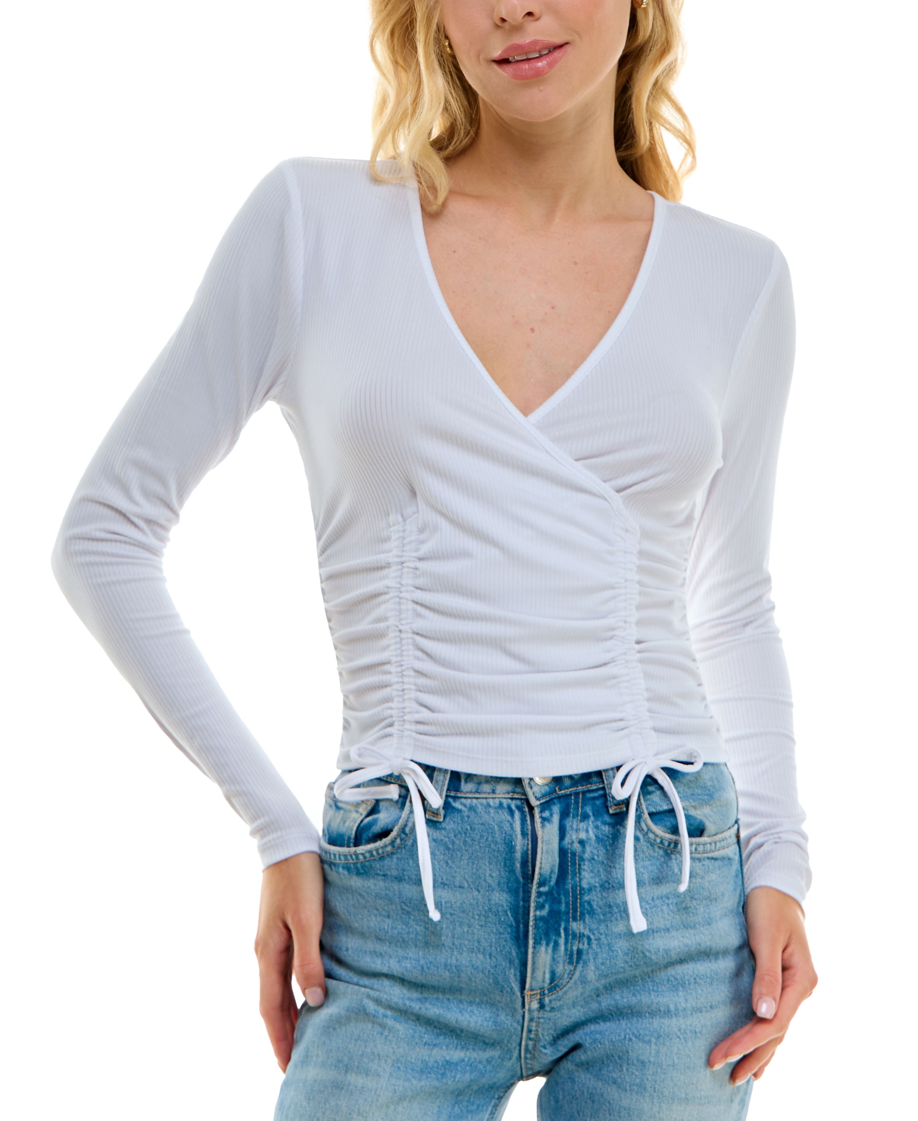 Juniors' Ruched Ribbed Drawstring Premium Top