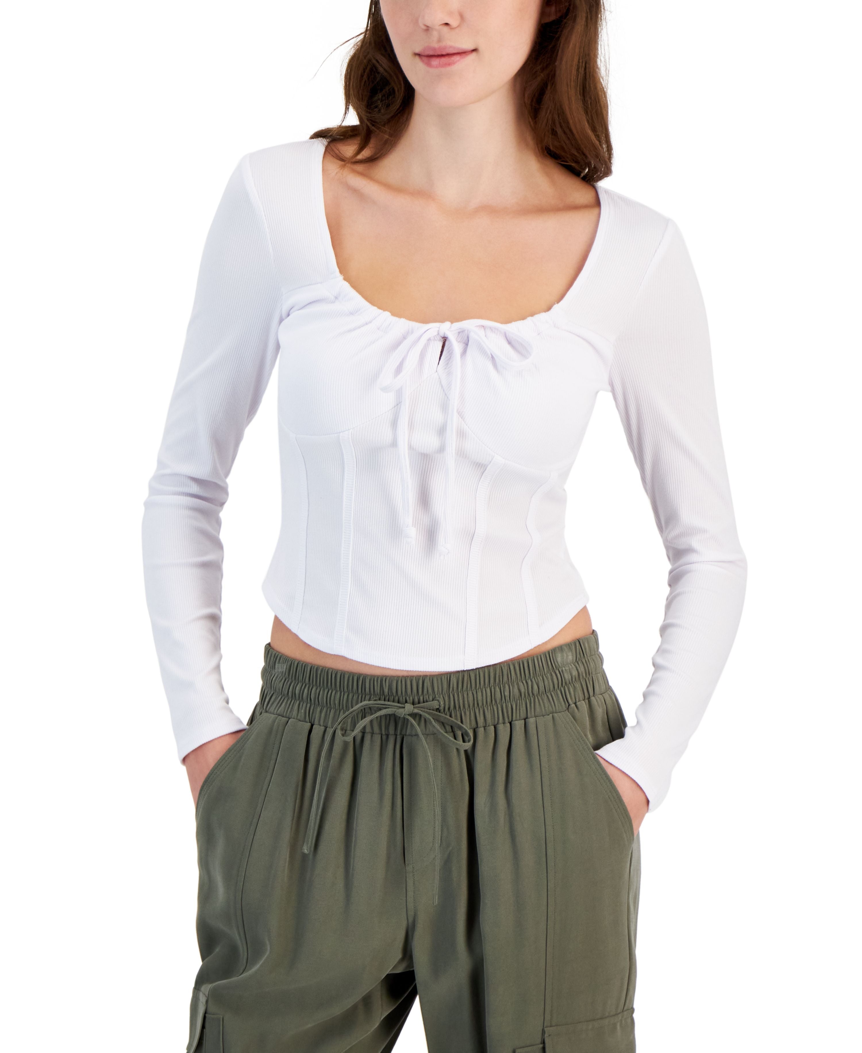 Juniors' Tie-Neck Long-Sleeve Corset Premium Top