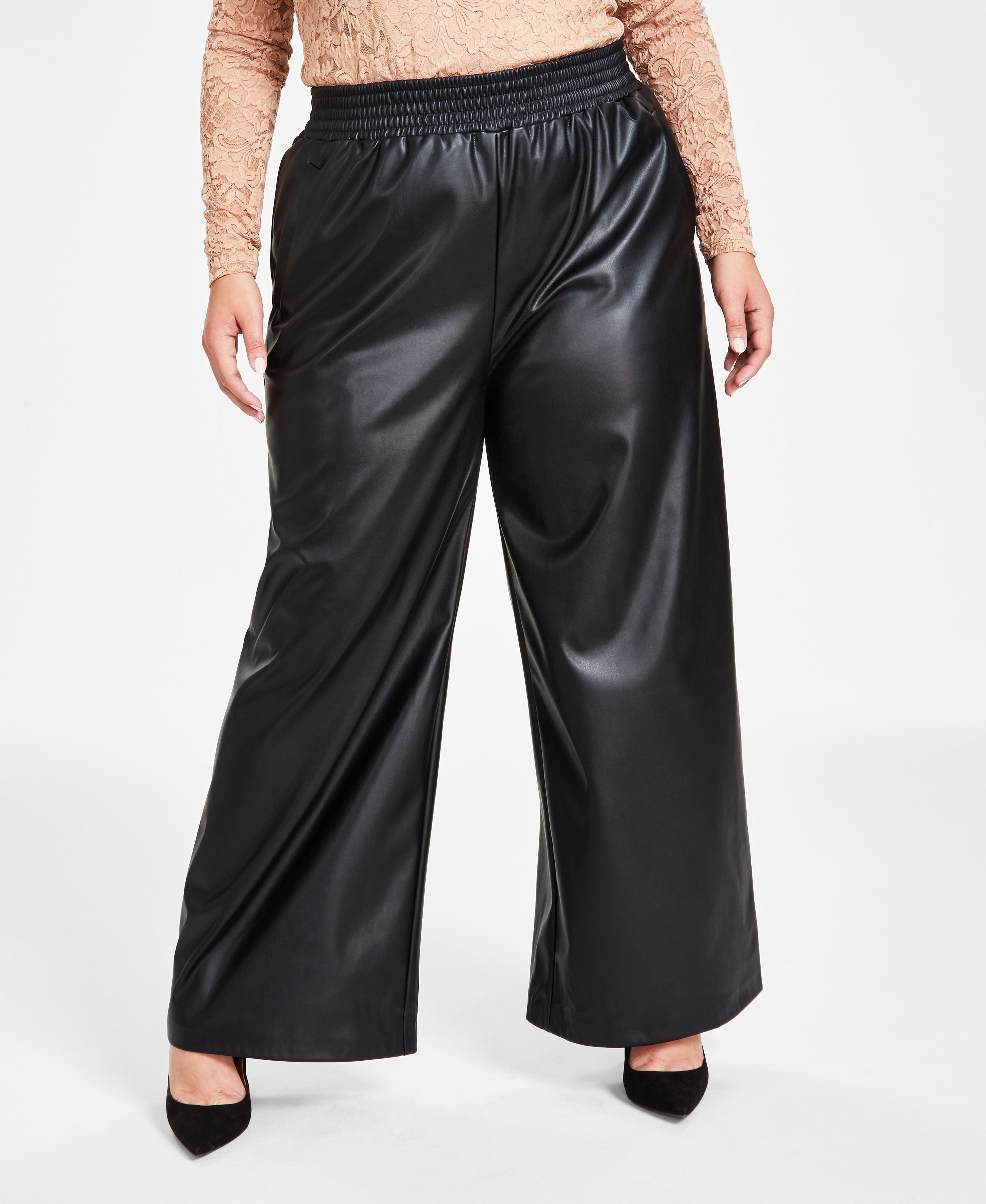 Plus Size Faux-Leather Wide-Leg Signature Pants