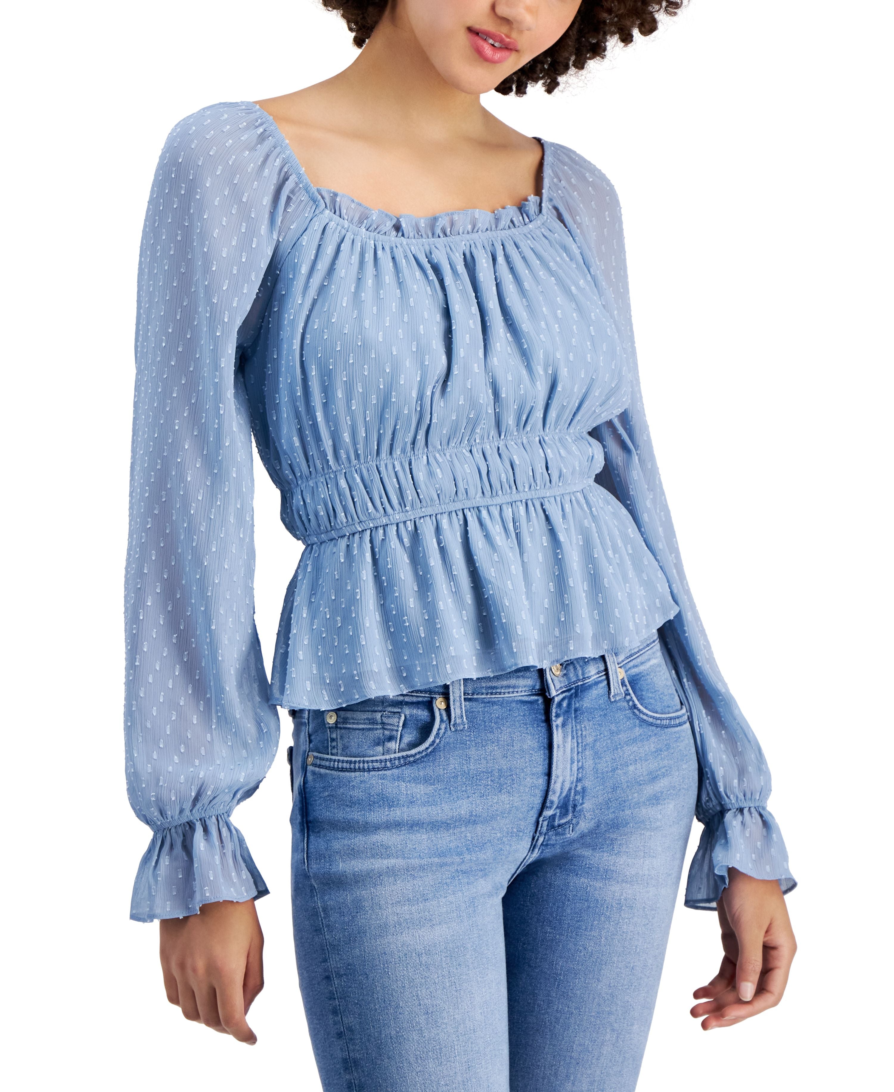 Juniors' Long-Sleeve Ruched Peplum Premium Top