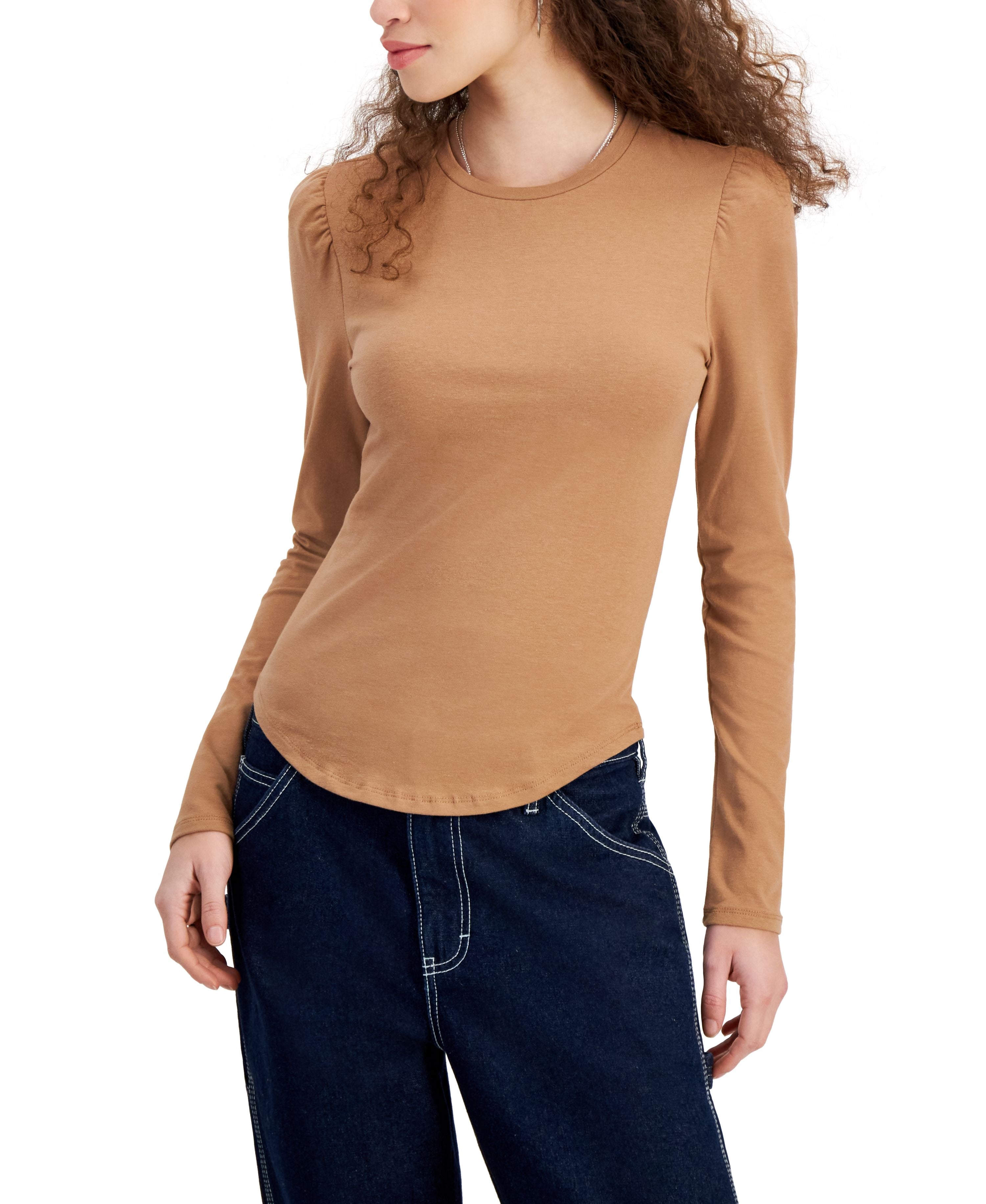 Juniors' Crewneck Puff-Shoulder Long-Sleeve Premium Top