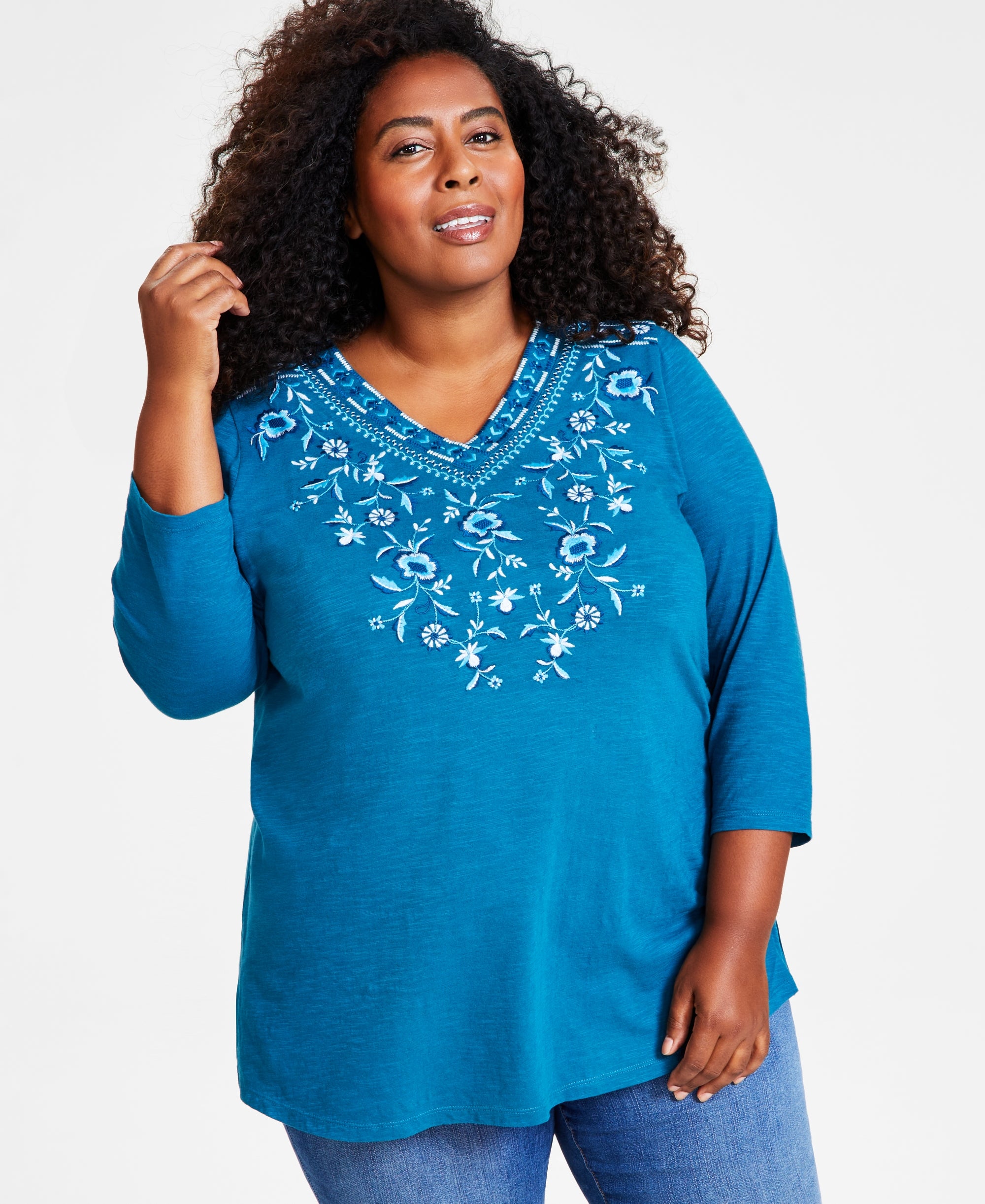 Plus Size Embroidered V-Neck Knit Tunic Premium Top