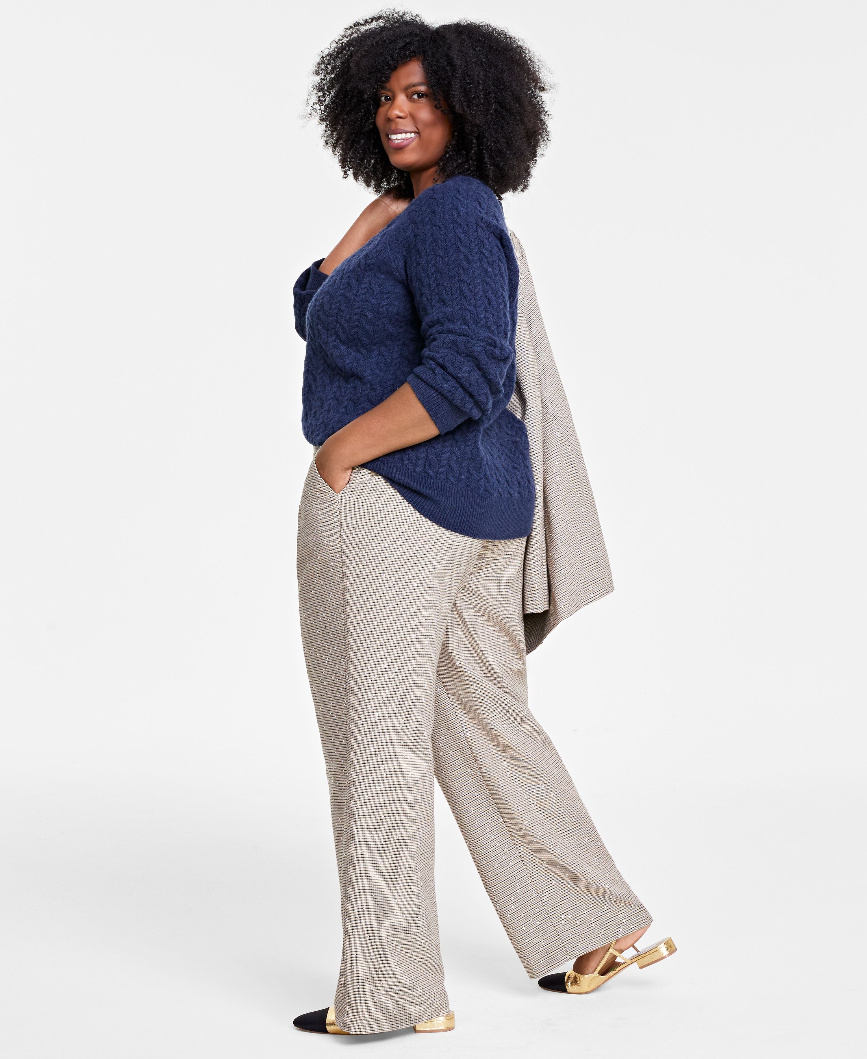 Plus Size Sequin Plaid Wide-Leg Signature Pants