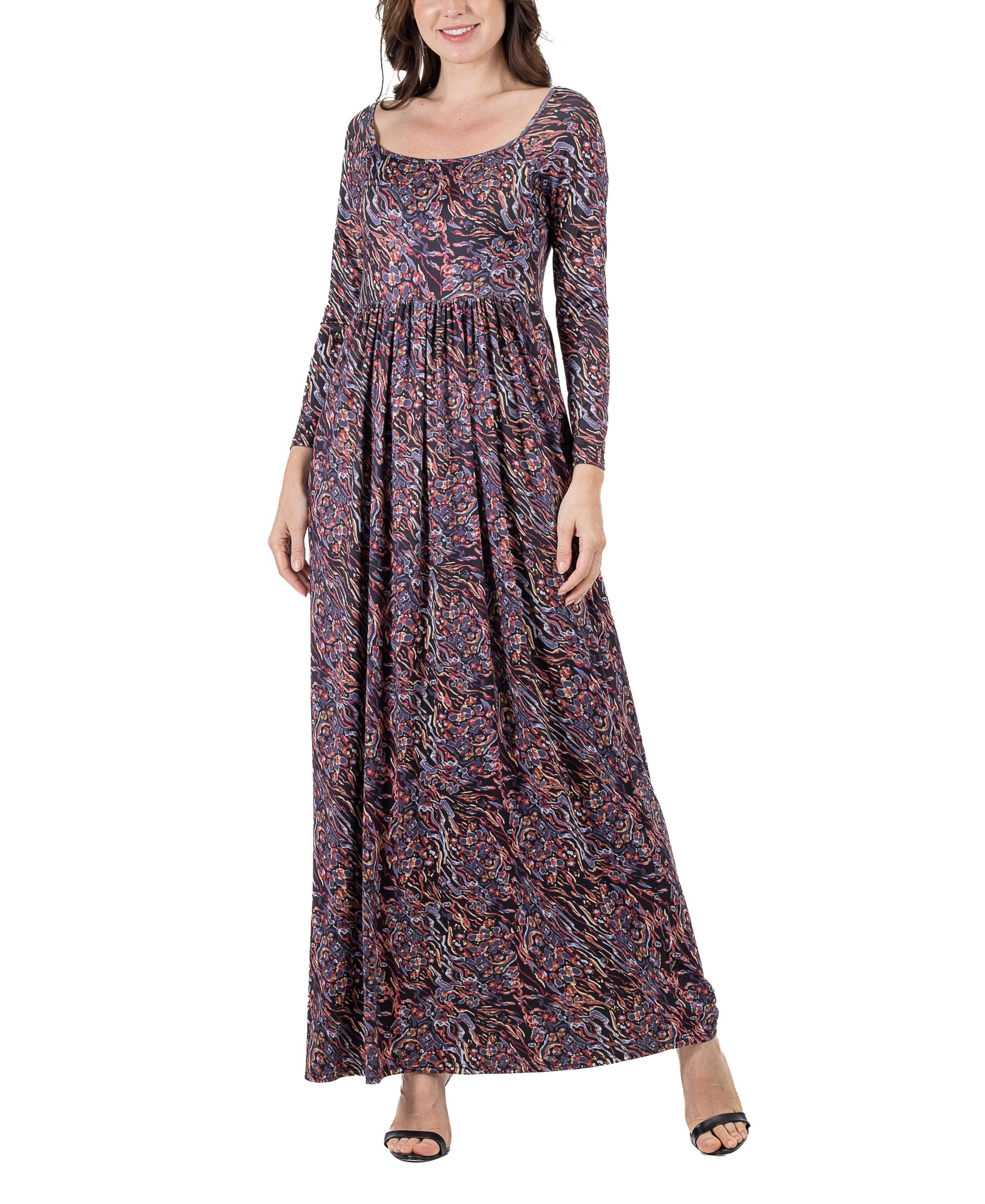 Women's Floral Long-Sleeve Pleated Maxi Dress