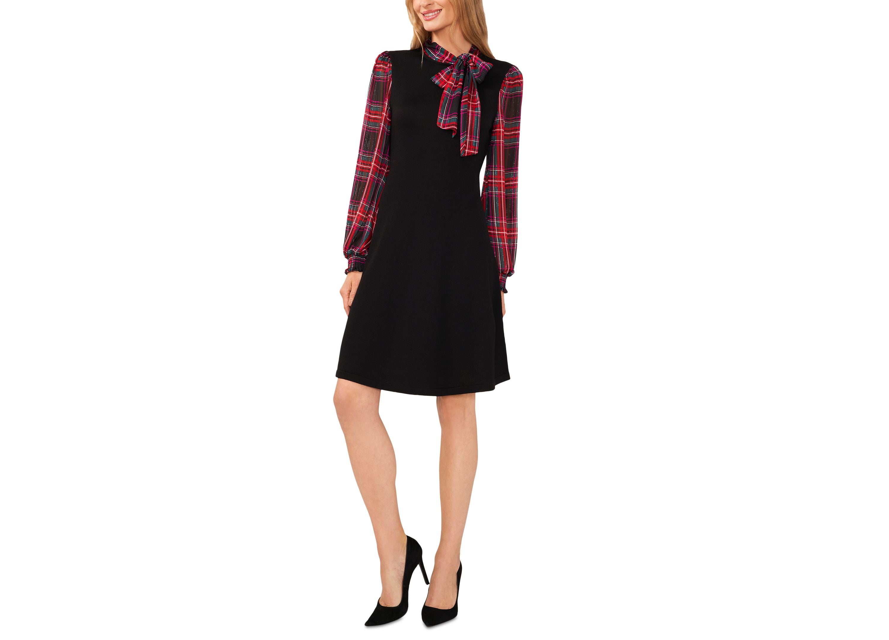 Women's Tartan Bow Tie-Neck & Sleeve Mixed Media Sweater Dress