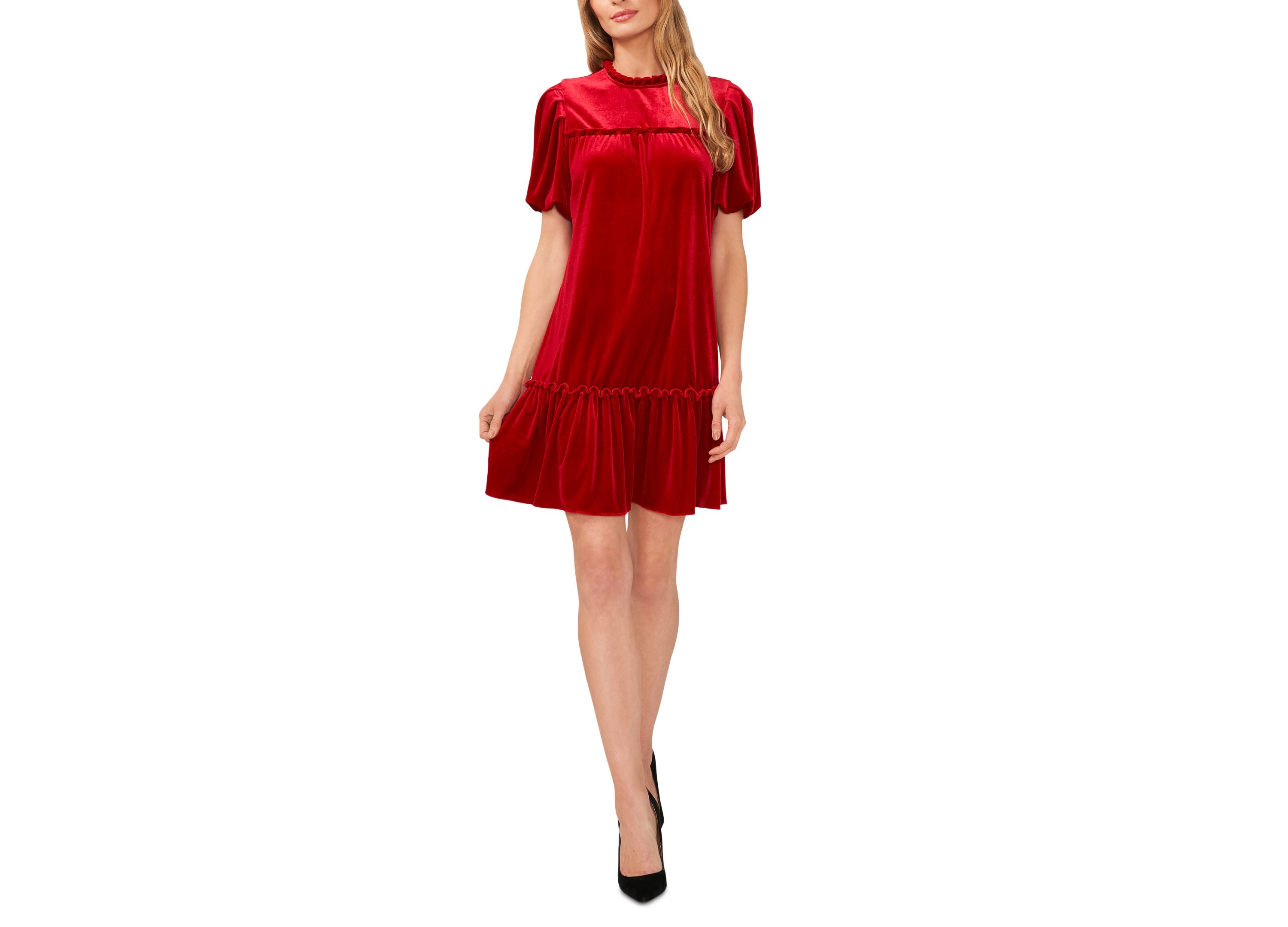 Women's Short-Sleeve Velvet Ruffled Knit Dress